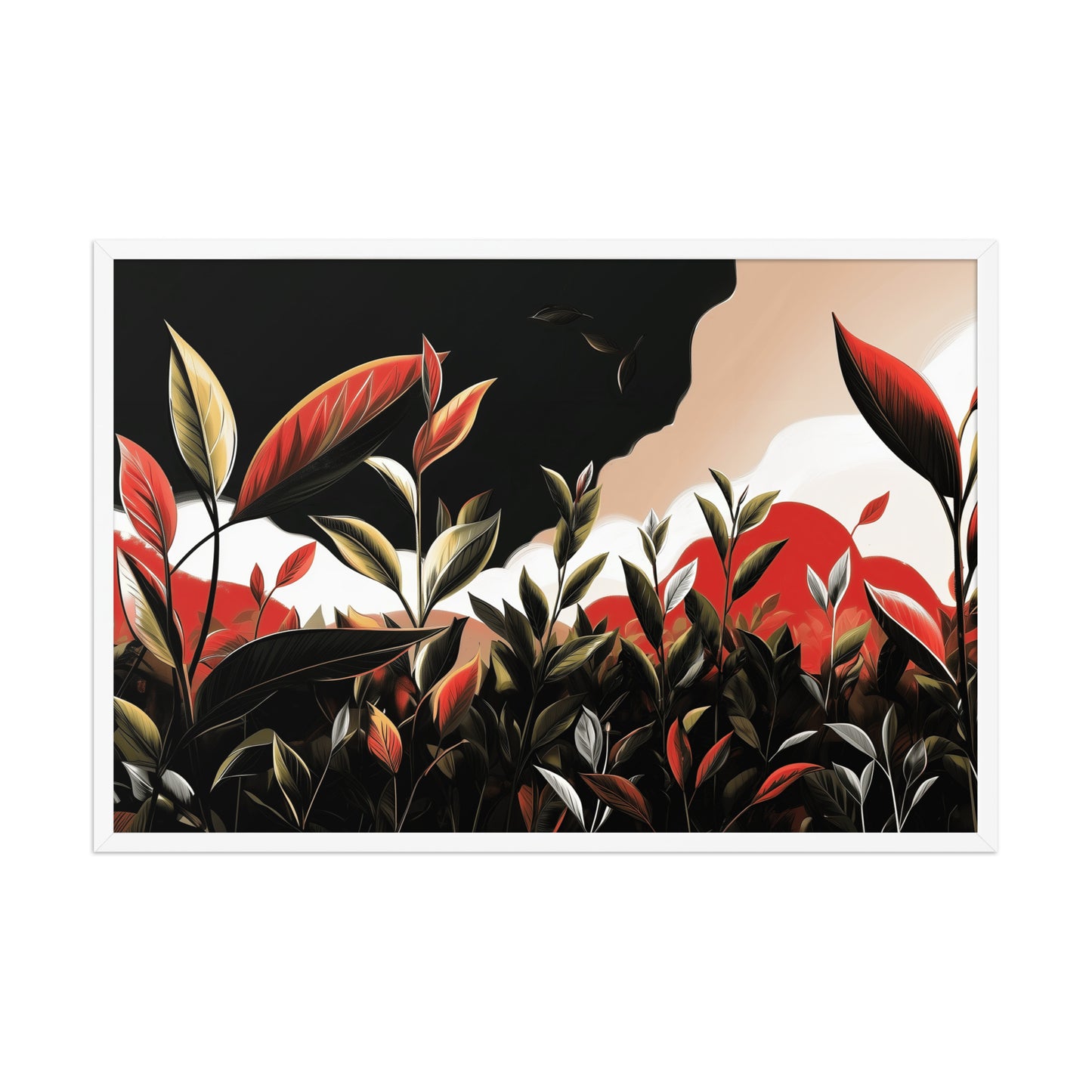 Framed nature poster featuring bold green leaves with red sunset highlights, inspired by summer nature walks.
