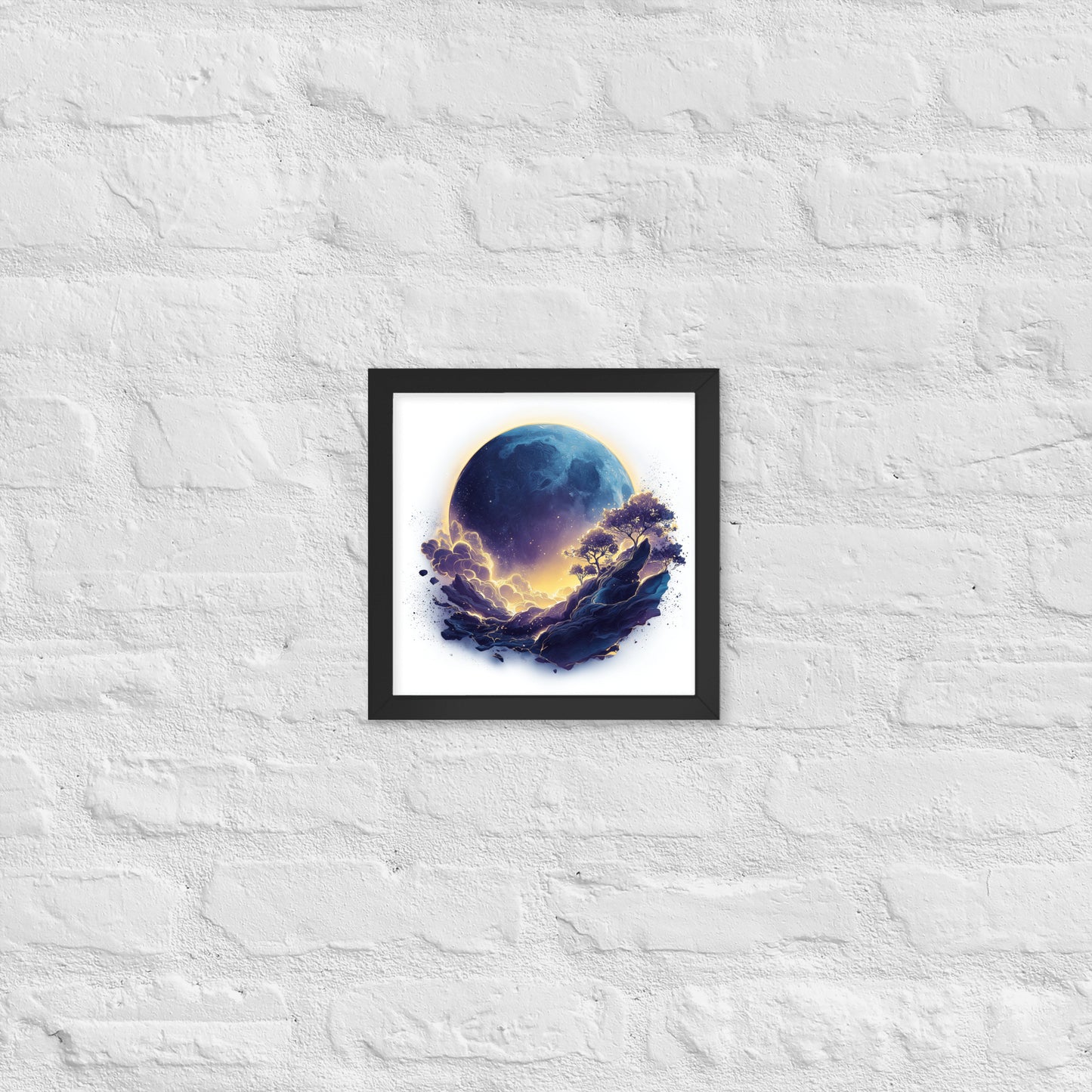 Framed cosmic poster featuring a vibrant, glowing moon and galaxy landscape in deep blues and golds.
