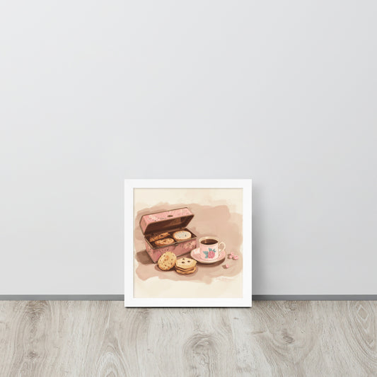 Framed hygge-themed poster with a white mat border featuring a pink coffee cup, cookies, and a cozy indoor setting.