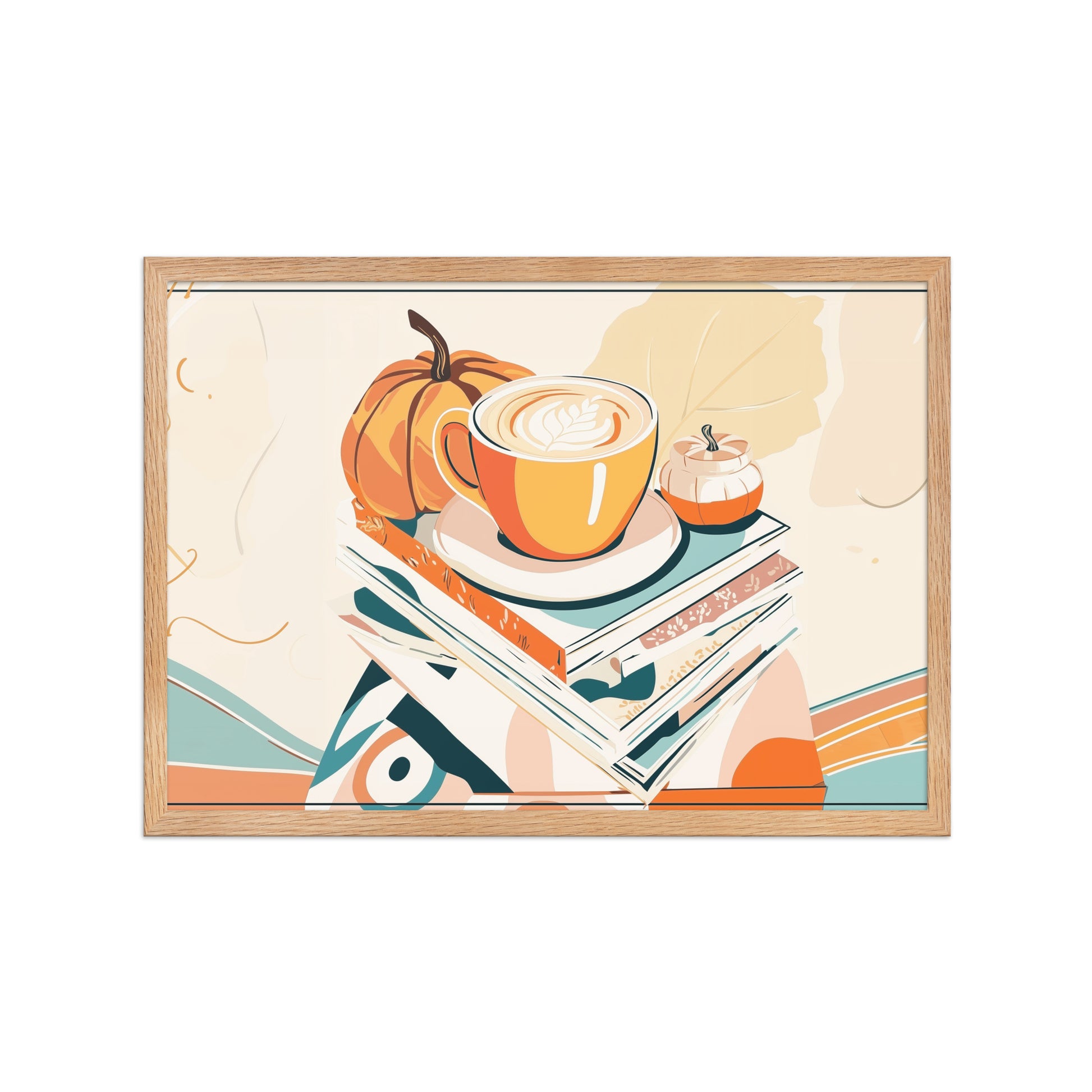 Framed A1 poster of a pumpkin spice latte sitting on a stack of books with warm autumn leaves in the background.