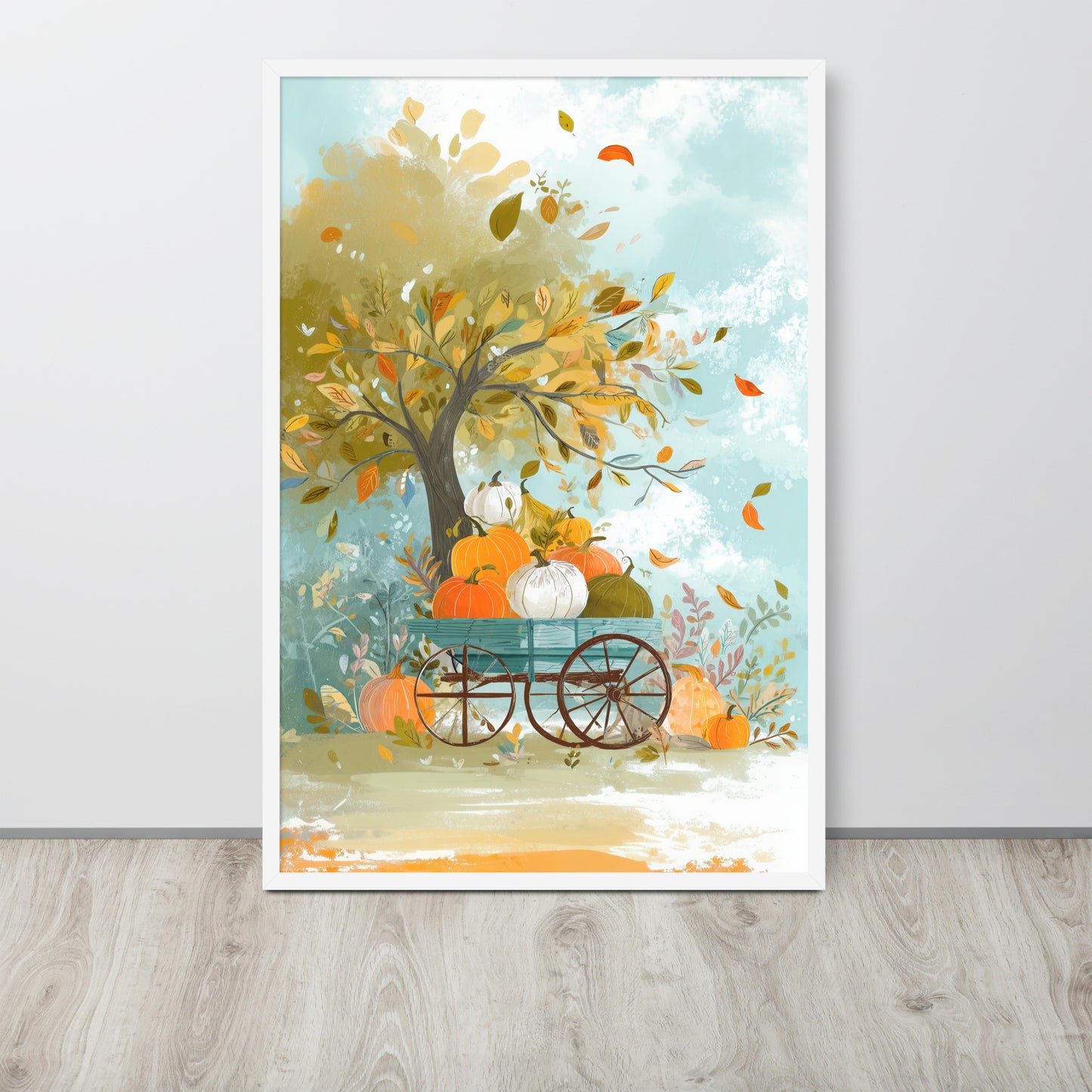 Framed poster of a tree with pumpkins and a cart on a light gray wall by Sweet and Savage. 