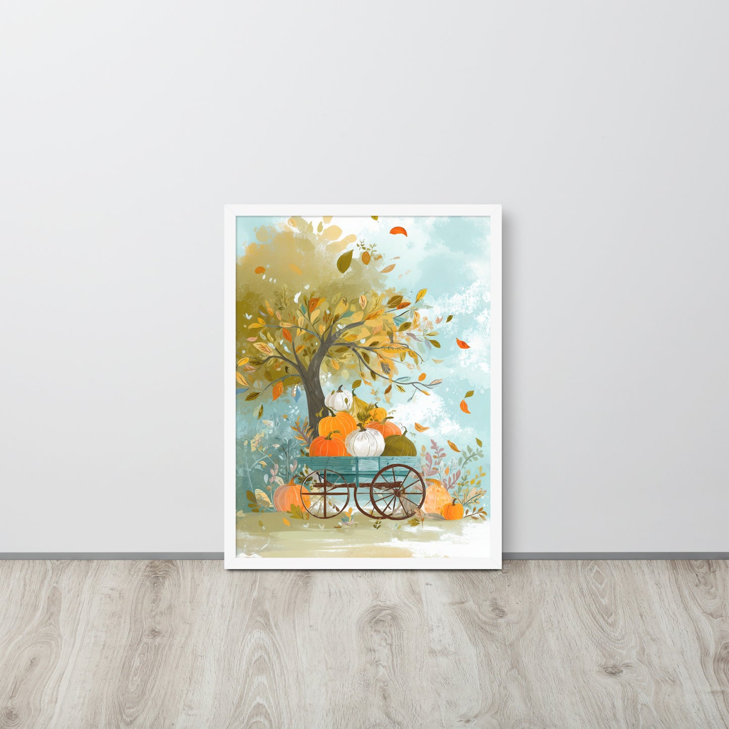 Framed poster of a tree with pumpkins and a cart on a light gray wall by Sweet and Savage. 