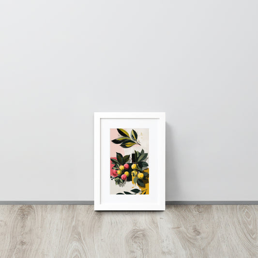 Framed A4 kitchen poster featuring a vibrant illustration of red and yellow apples with a white mat board and a professional wood frame.