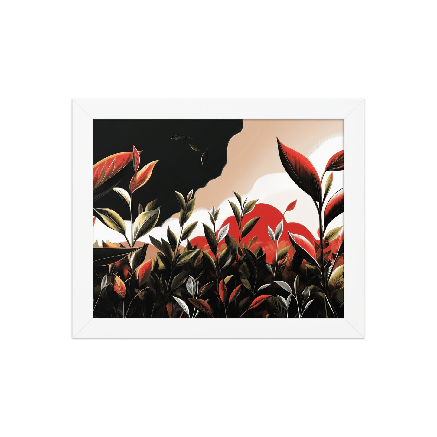 Framed nature poster featuring bold green leaves with red sunset highlights, inspired by summer nature walks.