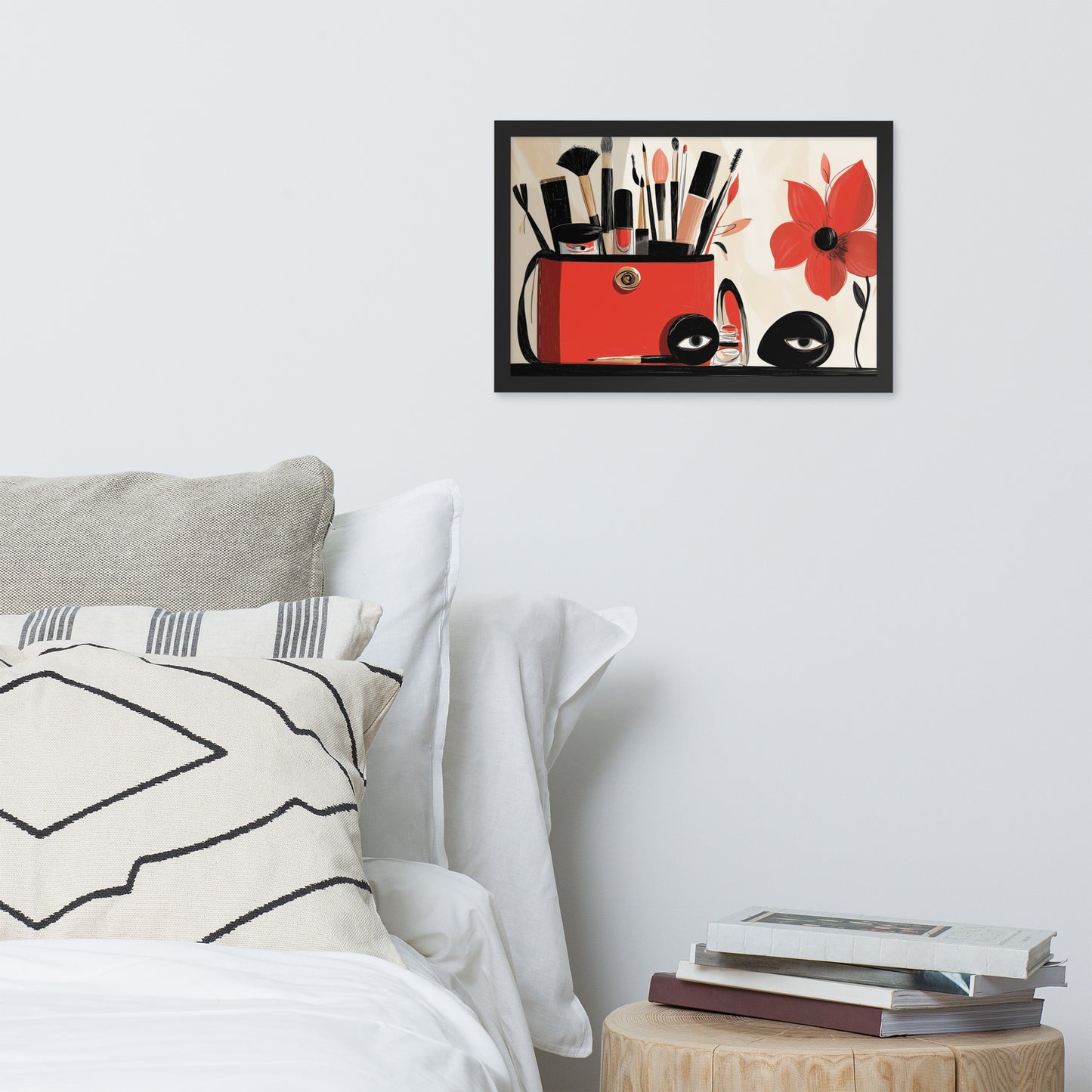 Horizontal framed fashion poster featuring a vibrant red makeup bag and matching red flowers on a high-quality art print.