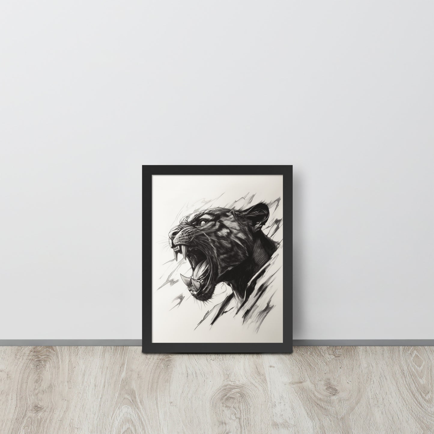 Framed minimalist black panther illustration on high-quality photo paper in a modern interior setting.