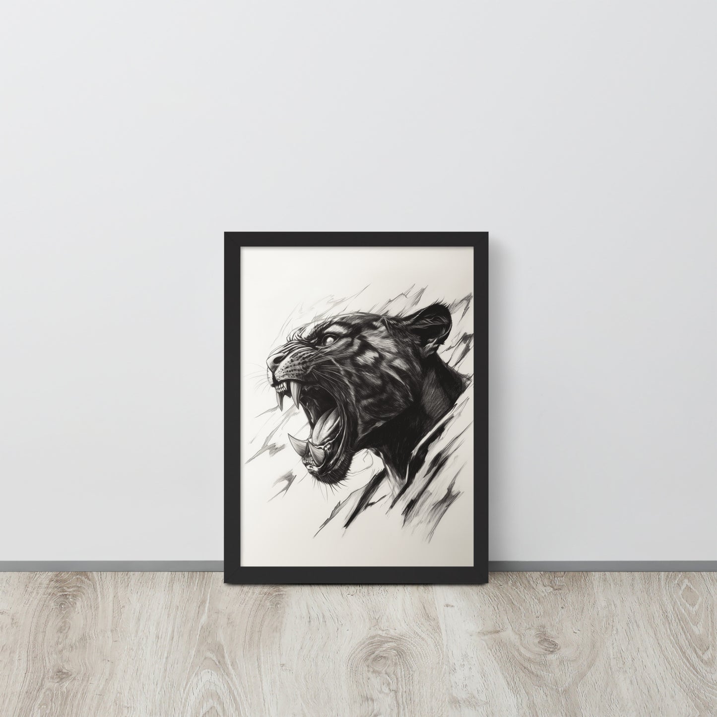 Framed minimalist black panther illustration on high-quality photo paper in a modern interior setting.