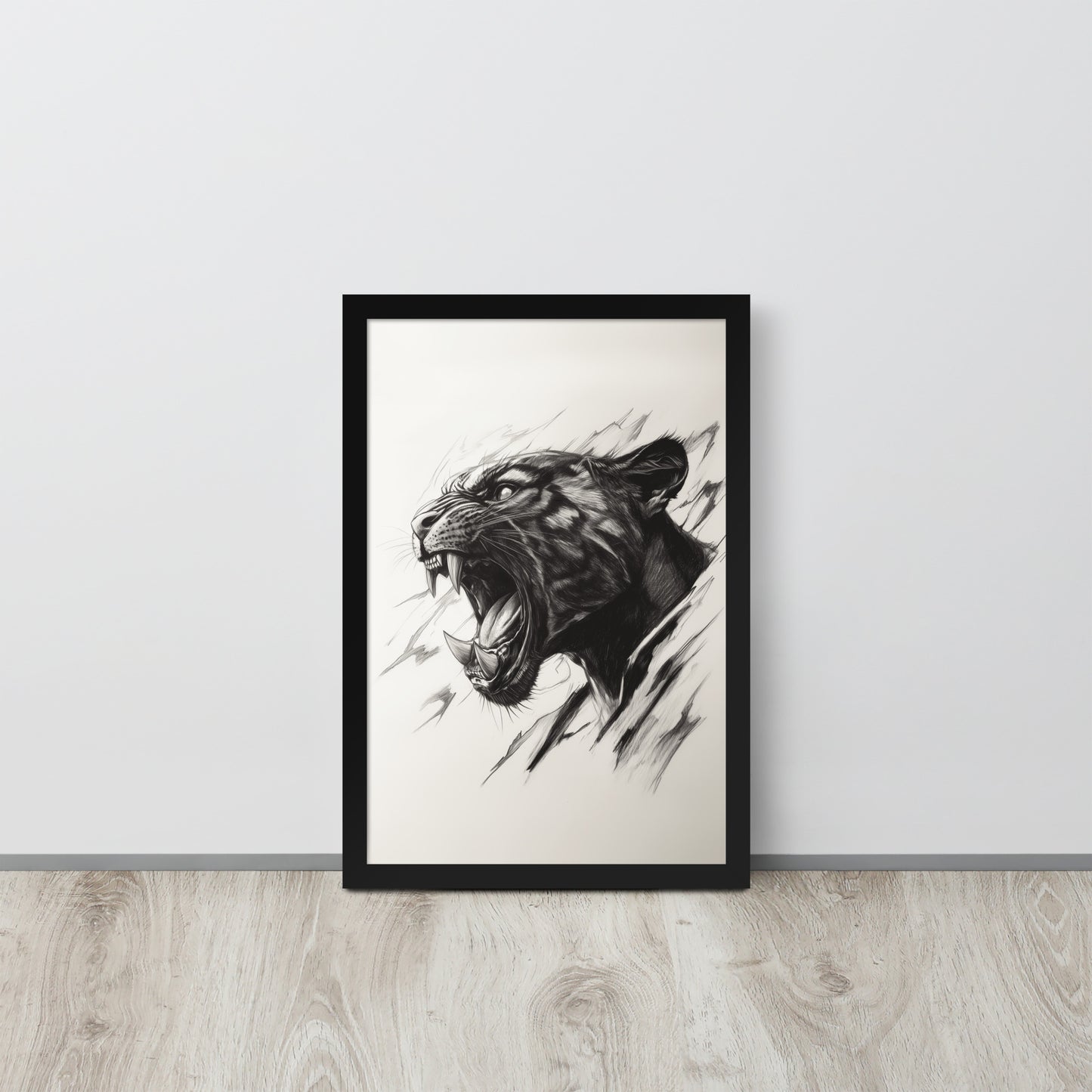 Framed minimalist black panther illustration on high-quality photo paper in a modern interior setting.