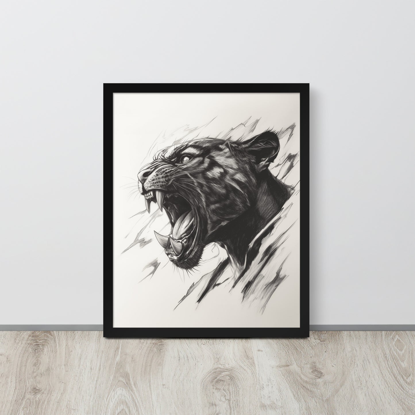 Framed minimalist black panther illustration on high-quality photo paper in a modern interior setting.