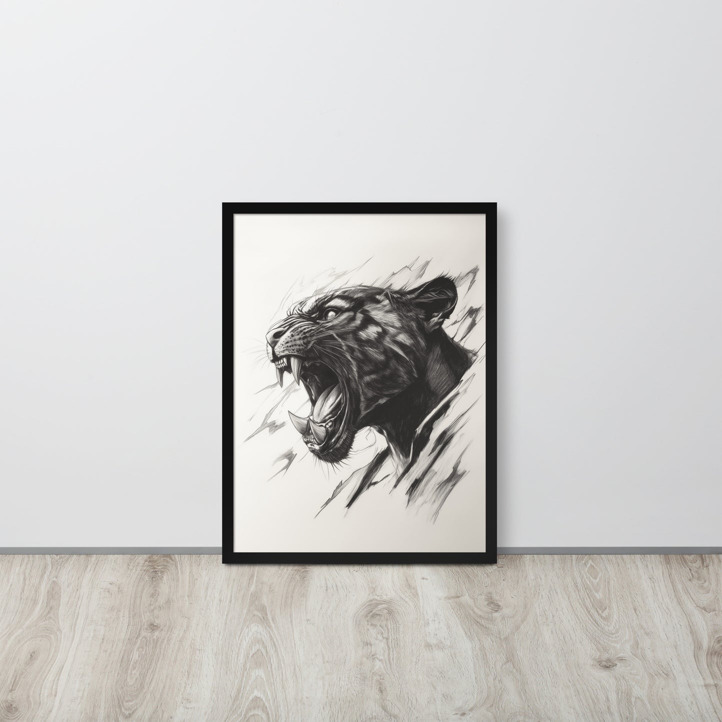 Framed minimalist black panther illustration on high-quality photo paper in a modern interior setting.