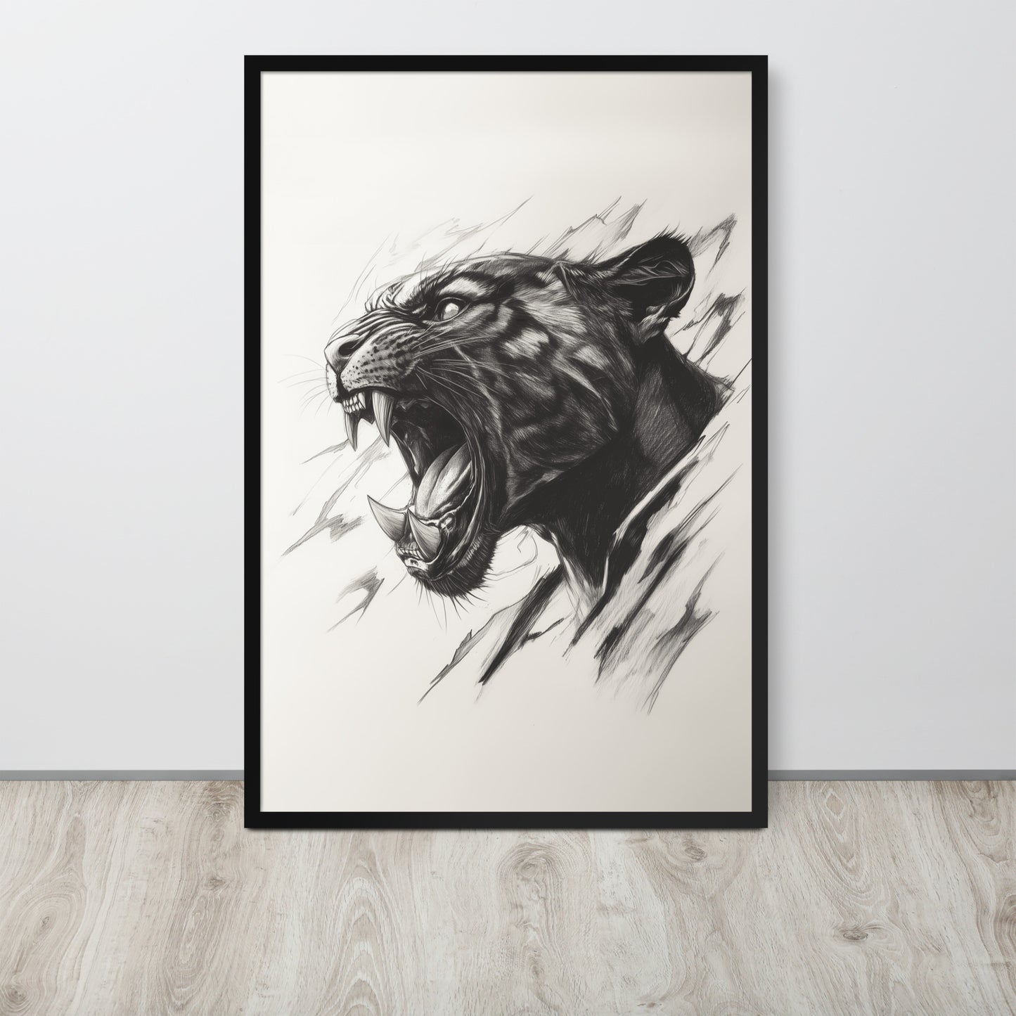 Framed minimalist black panther illustration on high-quality photo paper in a modern interior setting.