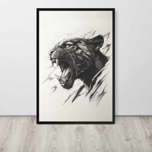 Framed minimalist black panther illustration on high-quality photo paper in a modern interior setting.
