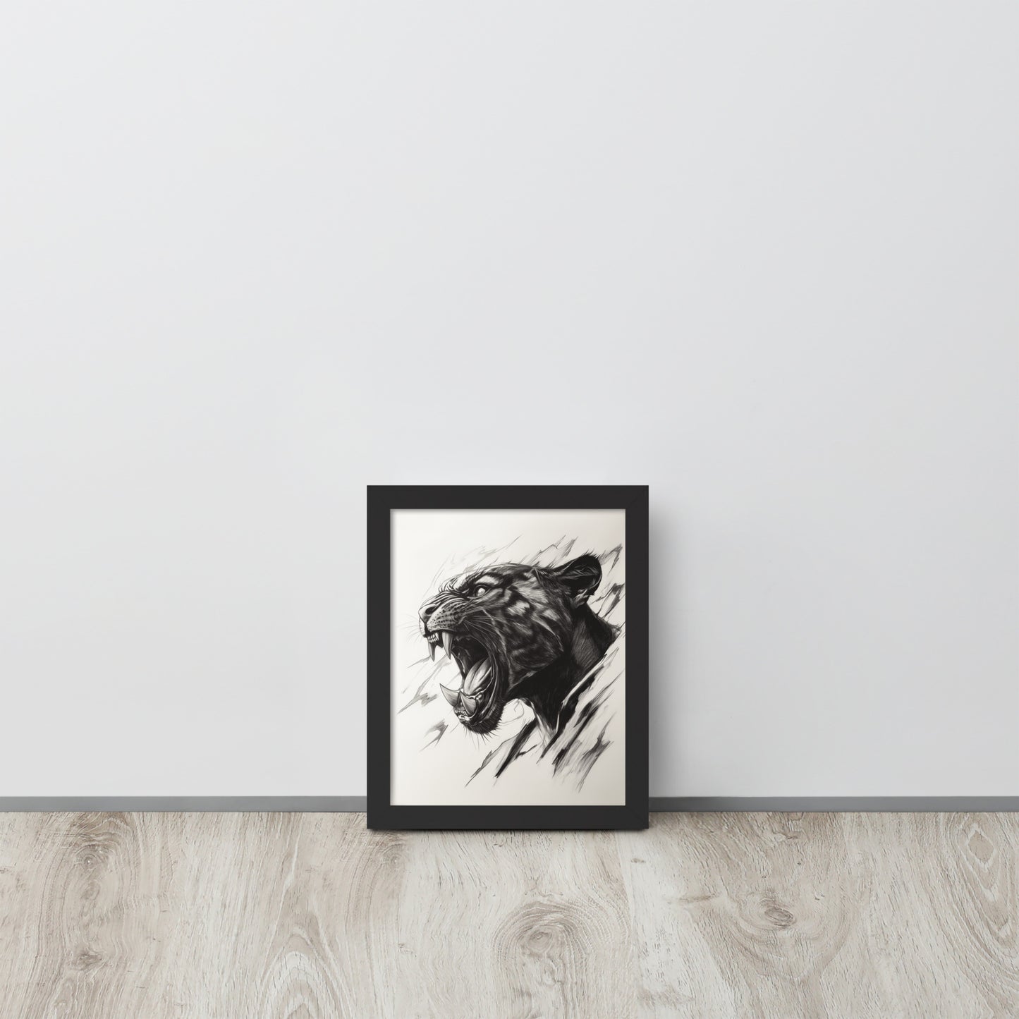 Framed minimalist black panther illustration on high-quality photo paper in a modern interior setting.
