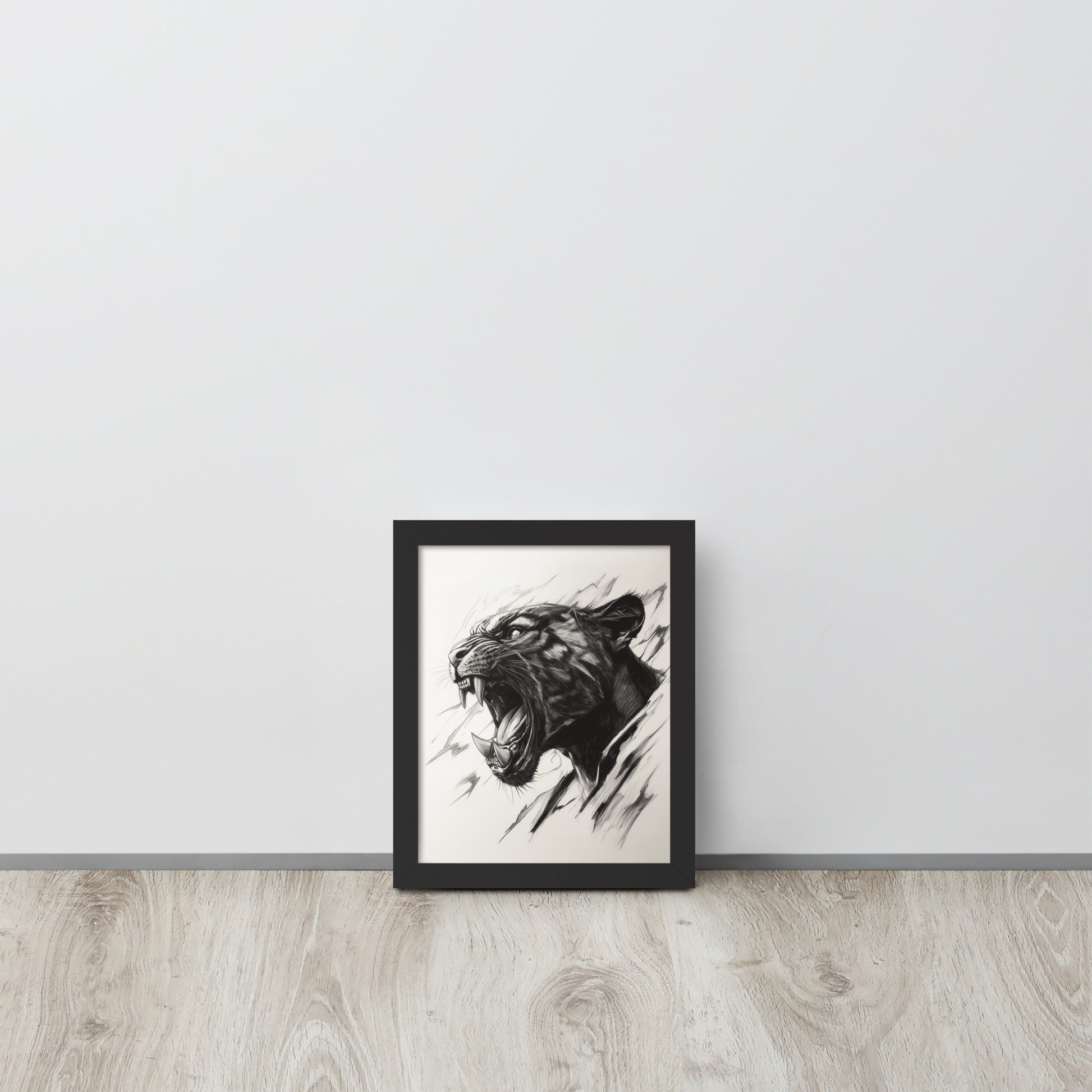 Framed minimalist black panther illustration on high-quality photo paper in a modern interior setting.