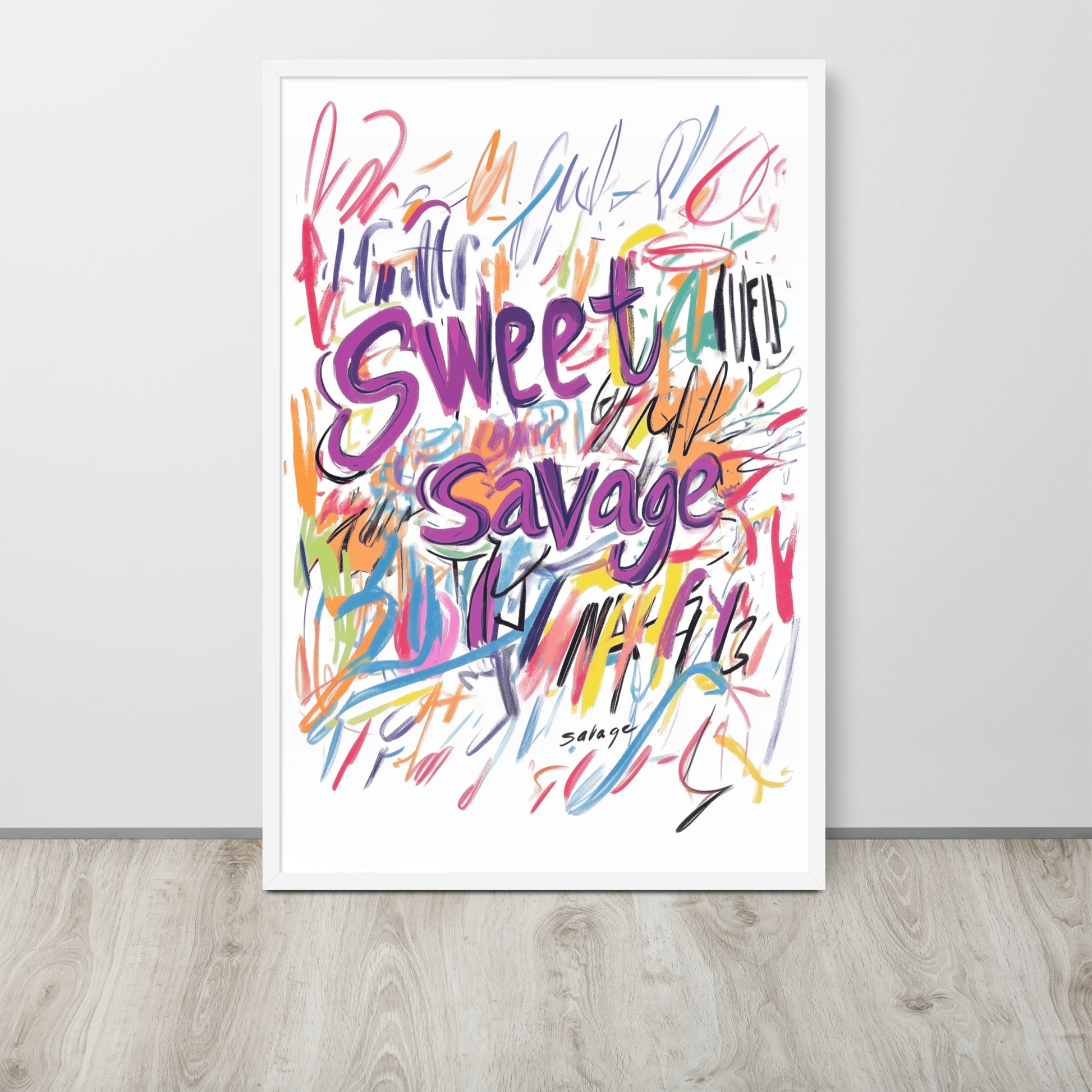 Framed colorful graffiti-style doodle poster with vibrant abstract brushstrokes on a high-quality matte finish.