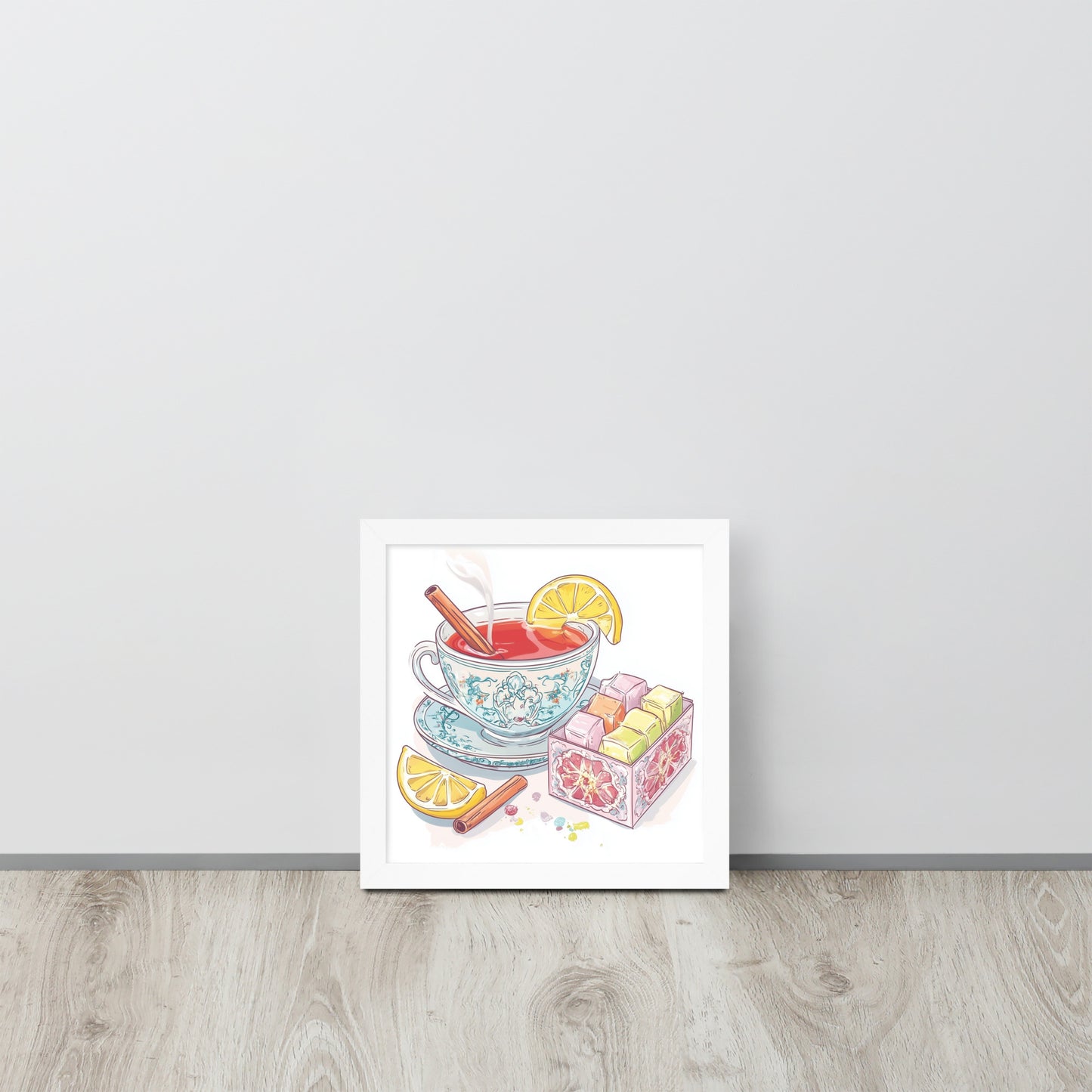 Framed whimsical poster featuring a traditional Turkish tea cup and colorful Turkish Delight sweets on a vibrant background.