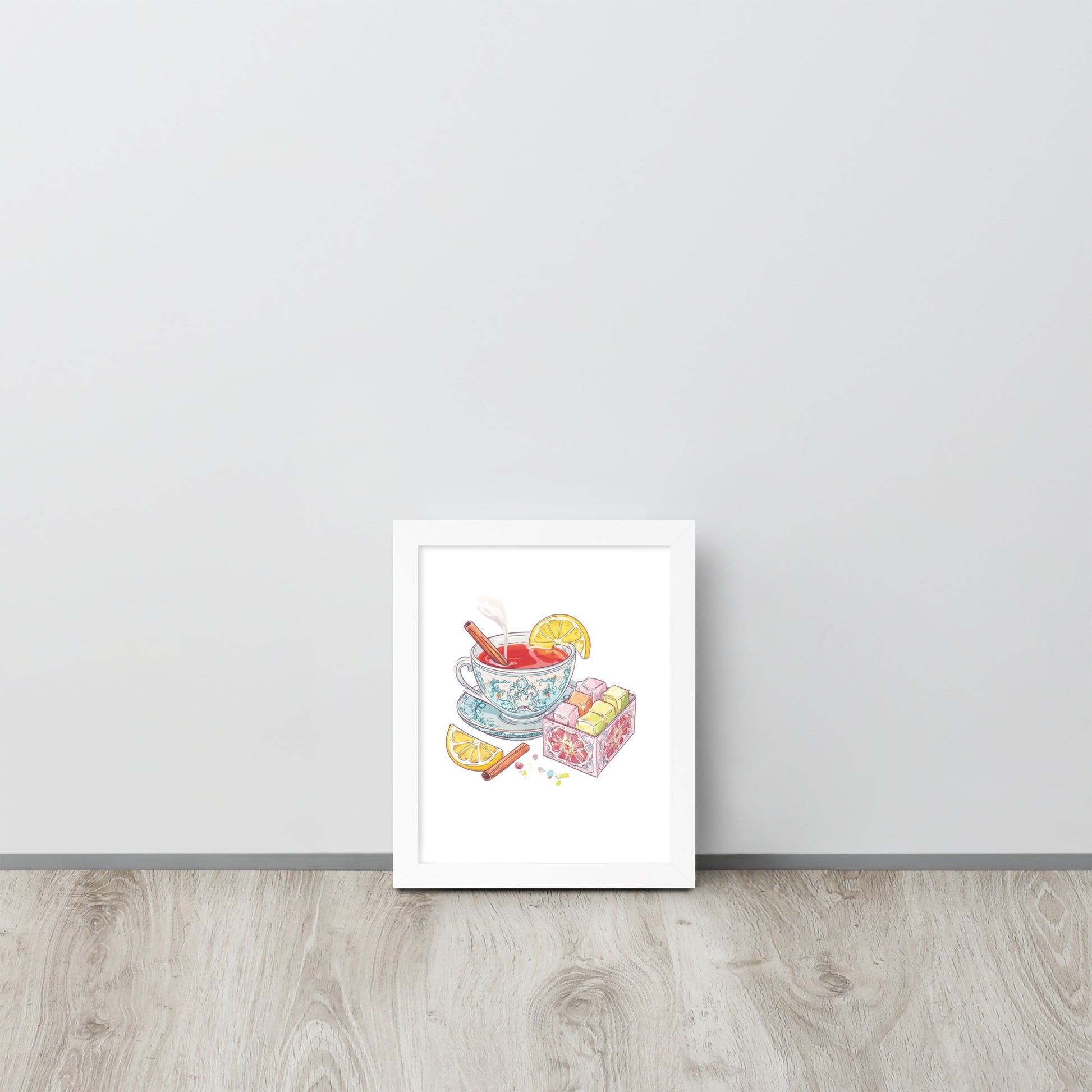 Framed whimsical poster featuring a traditional Turkish tea cup and colorful Turkish Delight sweets on a vibrant background.