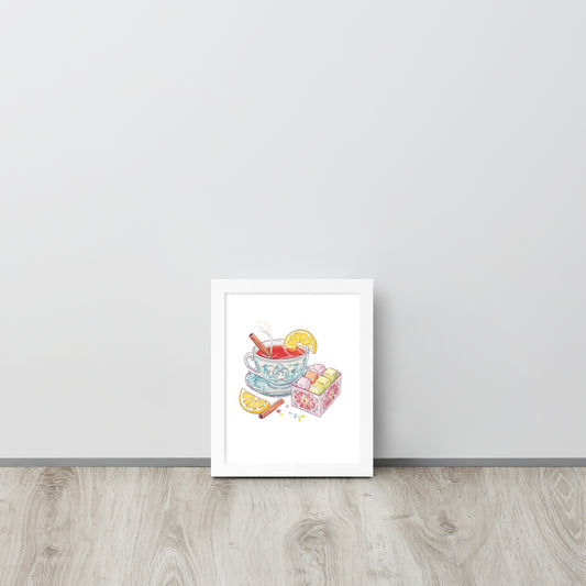 Framed whimsical poster featuring a traditional Turkish tea cup and colorful Turkish Delight sweets on a vibrant background.