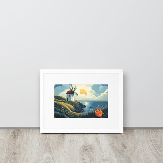 Framed poster of a windmill by the sea on a white background by Sweet and Savage. 