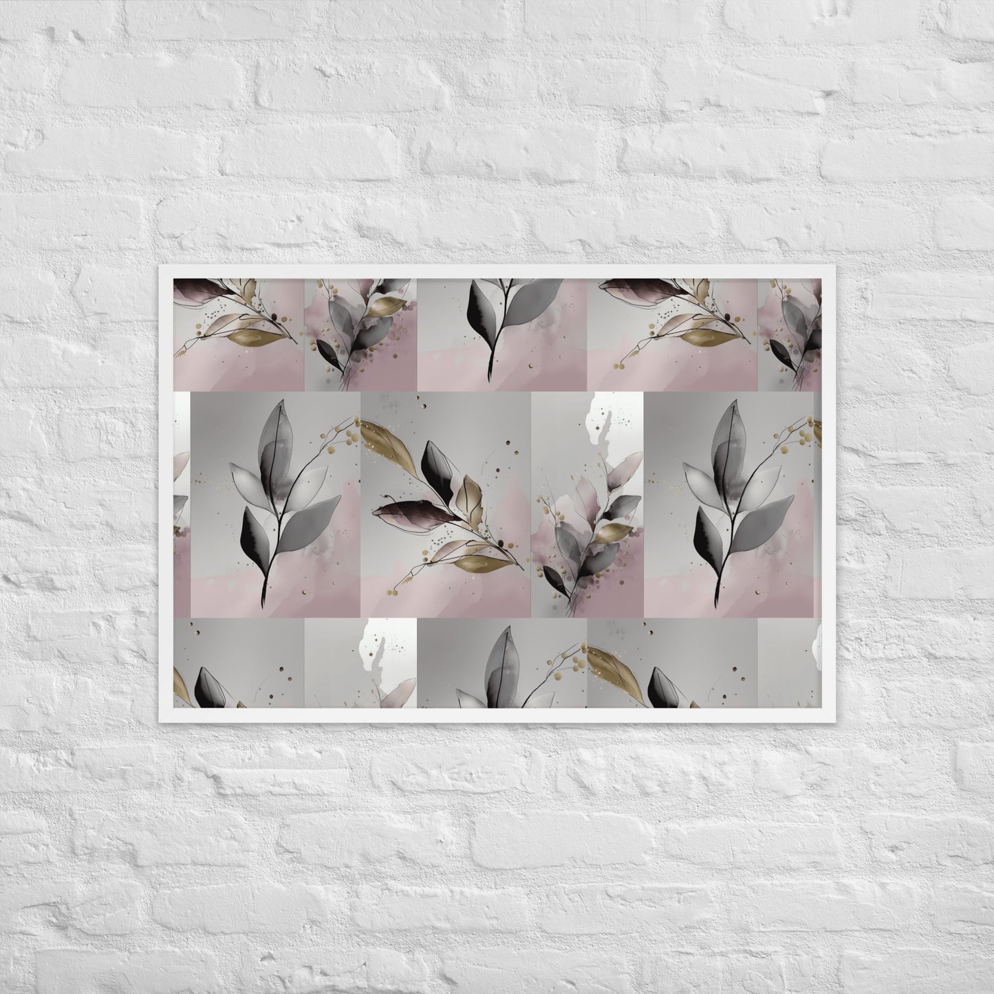 'Close Your Eyes and Make a Wish' framed floral poster hanging on a wall. The poster features a botanical watercolor design in pink and grey tones,