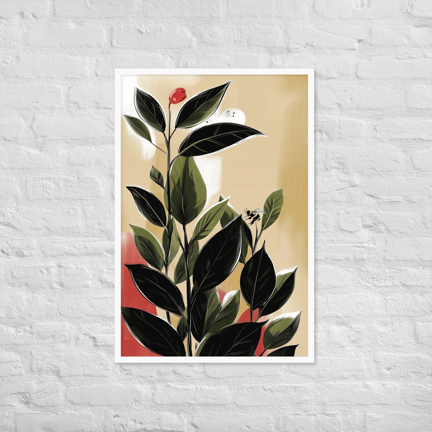 Framed botanical poster featuring vibrant green tea leaves on a neutral background, styled in a minimalist room.