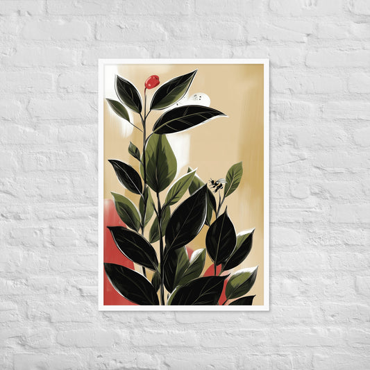 Framed botanical poster featuring vibrant green tea leaves on a neutral background, styled in a minimalist room.