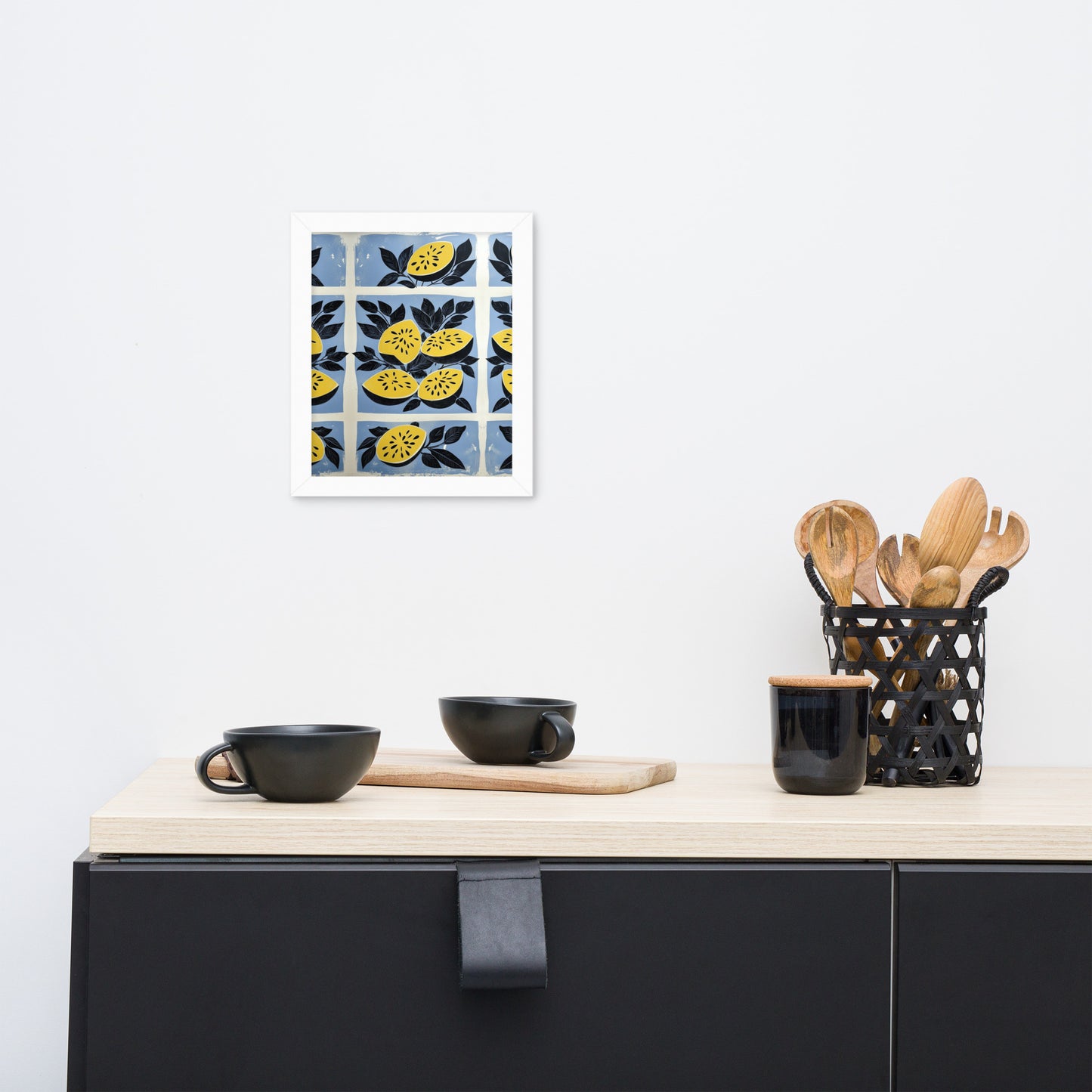 Framed minimalist poster featuring an artistic illustration of yellow watermelon slices in a modern, clean style.