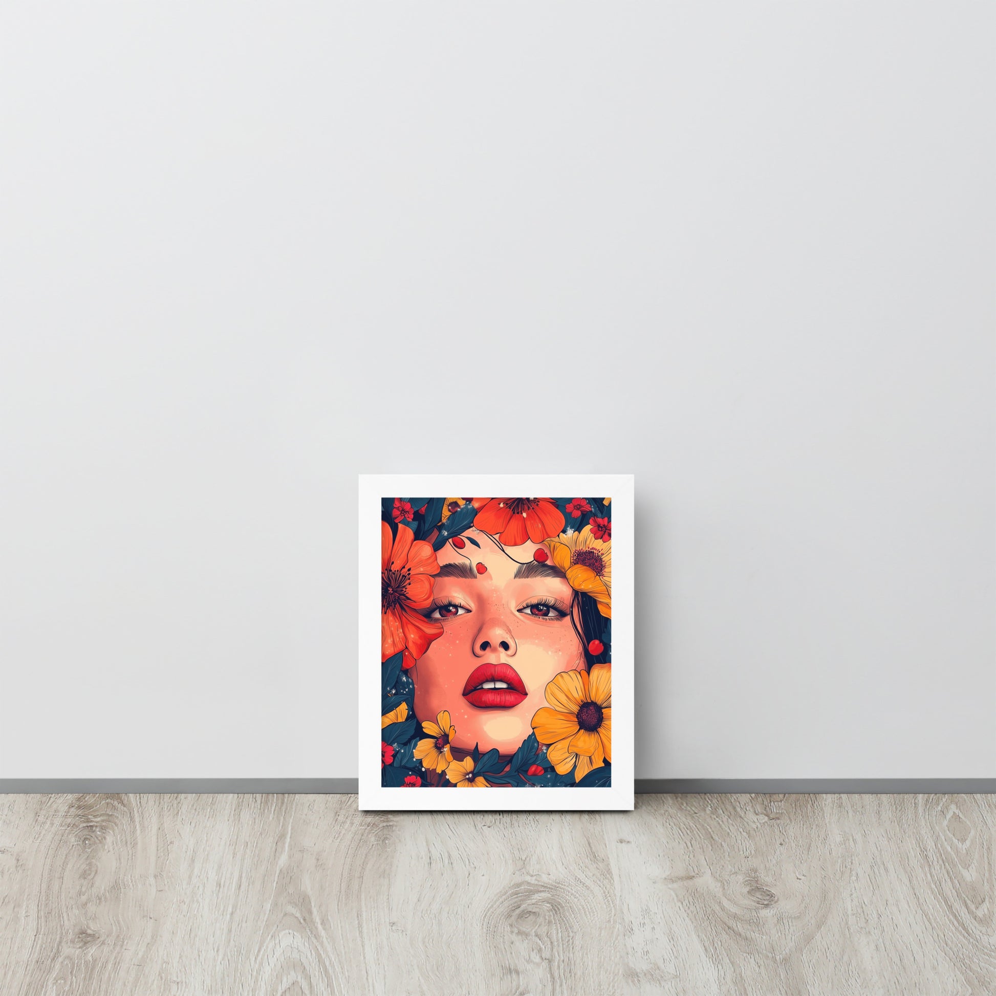 Framed artistic poster of a young woman surrounded by colorful summer flowers on a high-quality matte finish.