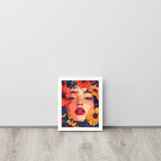 Framed artistic poster of a young woman surrounded by colorful summer flowers on a high-quality matte finish.