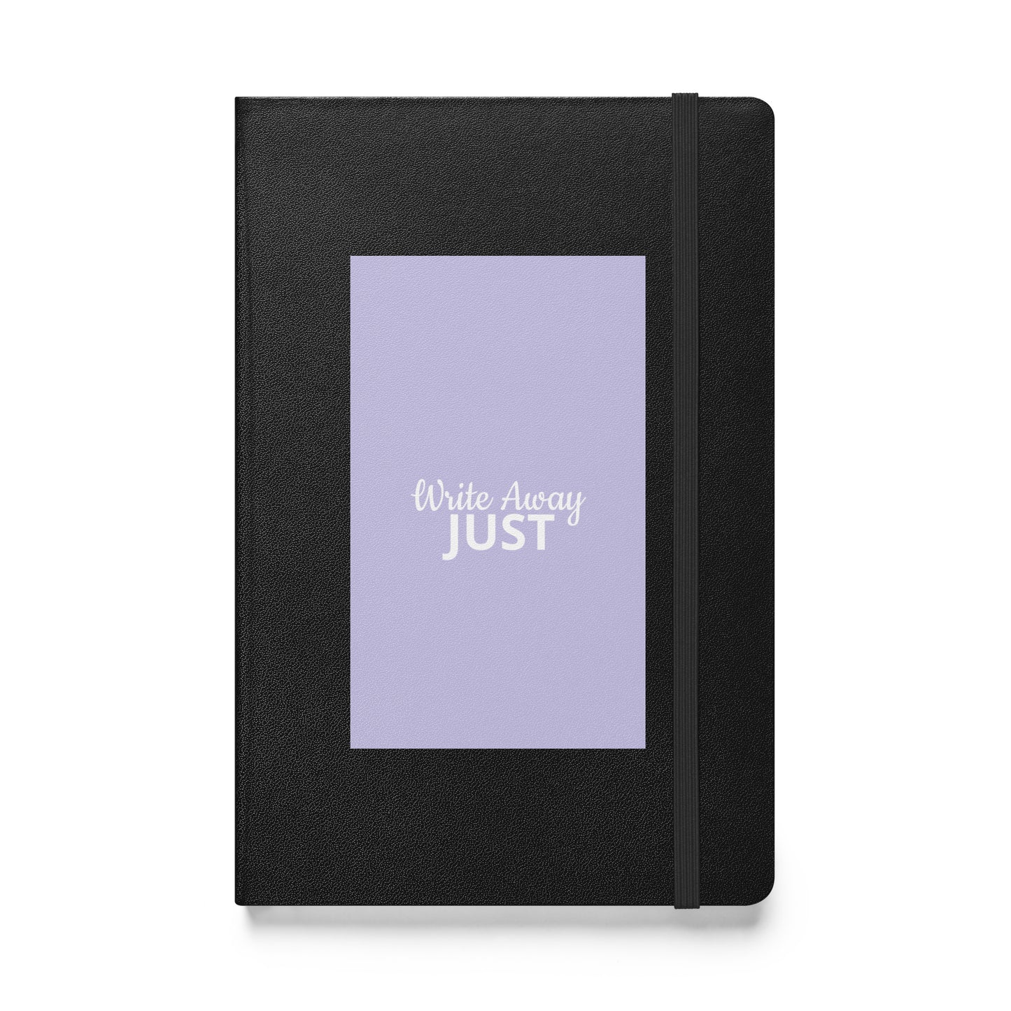 Black notebook with a purple front cover displaying 'Write Away JUST' text on a white background by Sweet and Savage. 