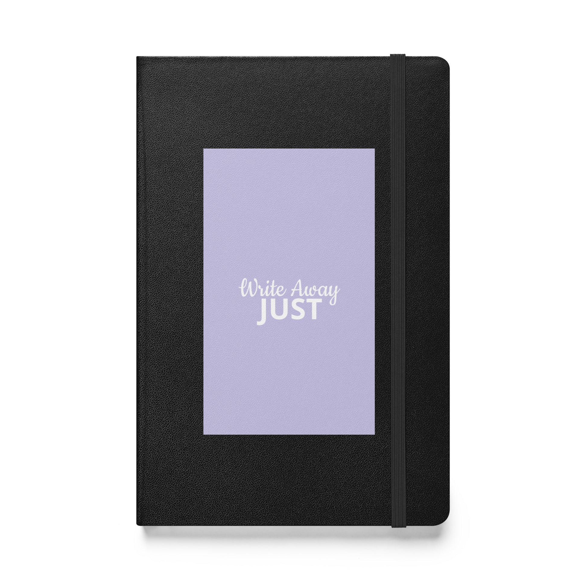 Black notebook with a purple front cover displaying 'Write Away JUST' text on a white background by Sweet and Savage. 