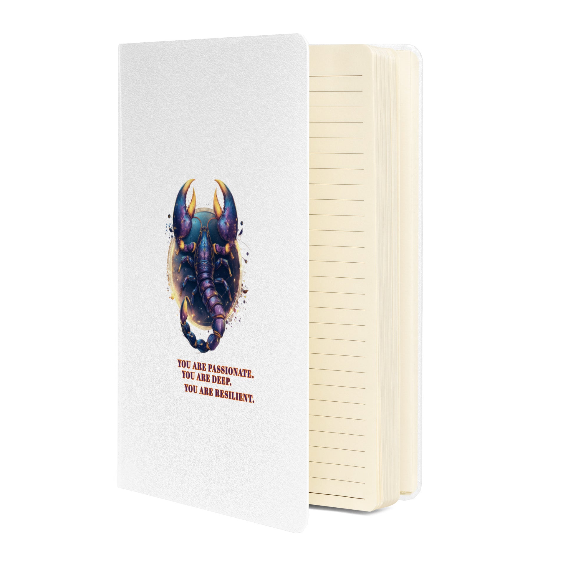 White hardcover notebook featuring a colorful, artistic Scorpio zodiac design by Sweet & Savage.