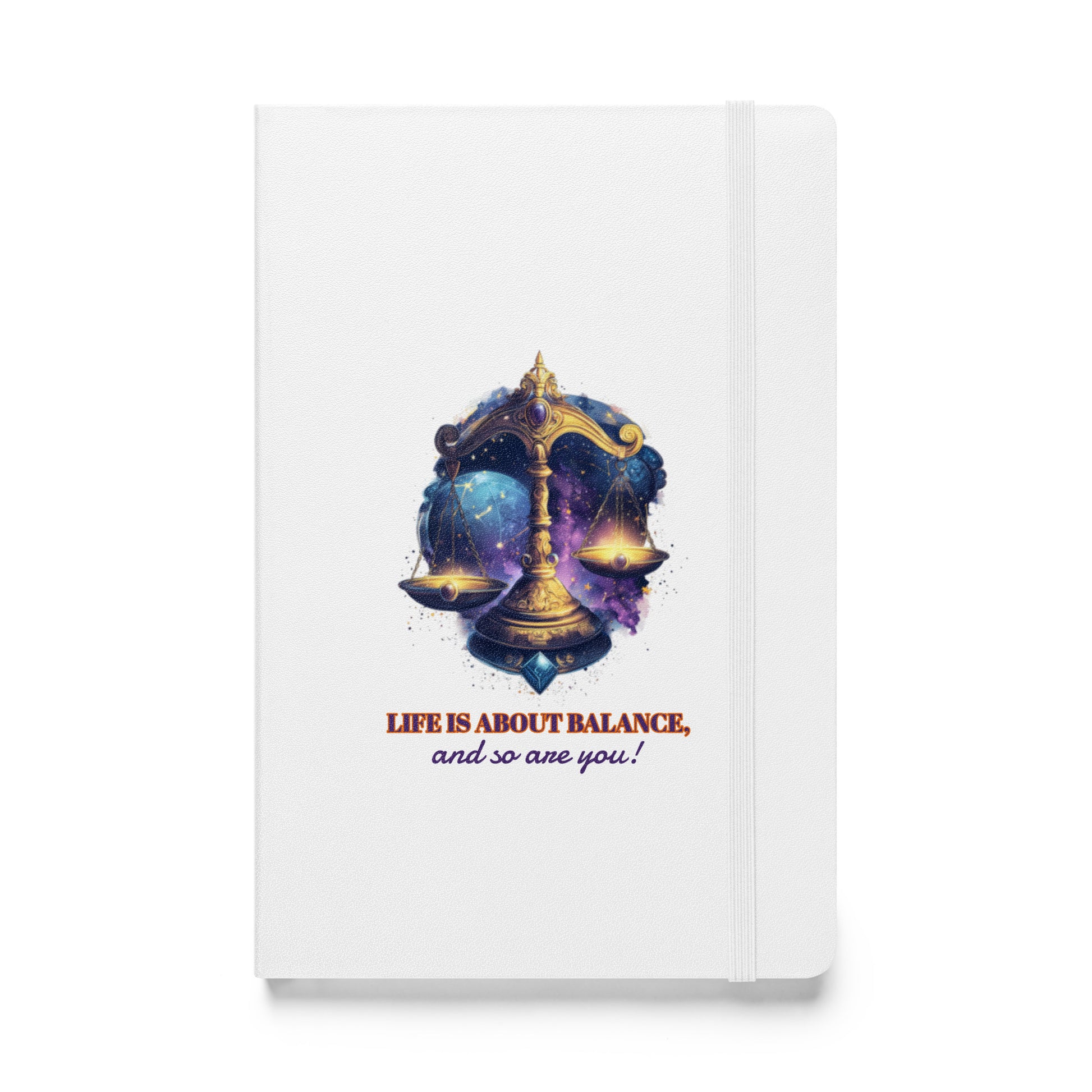 White hardcover notebook featuring a colorful, artistic Libra zodiac scale design by Sweet & Savage. 