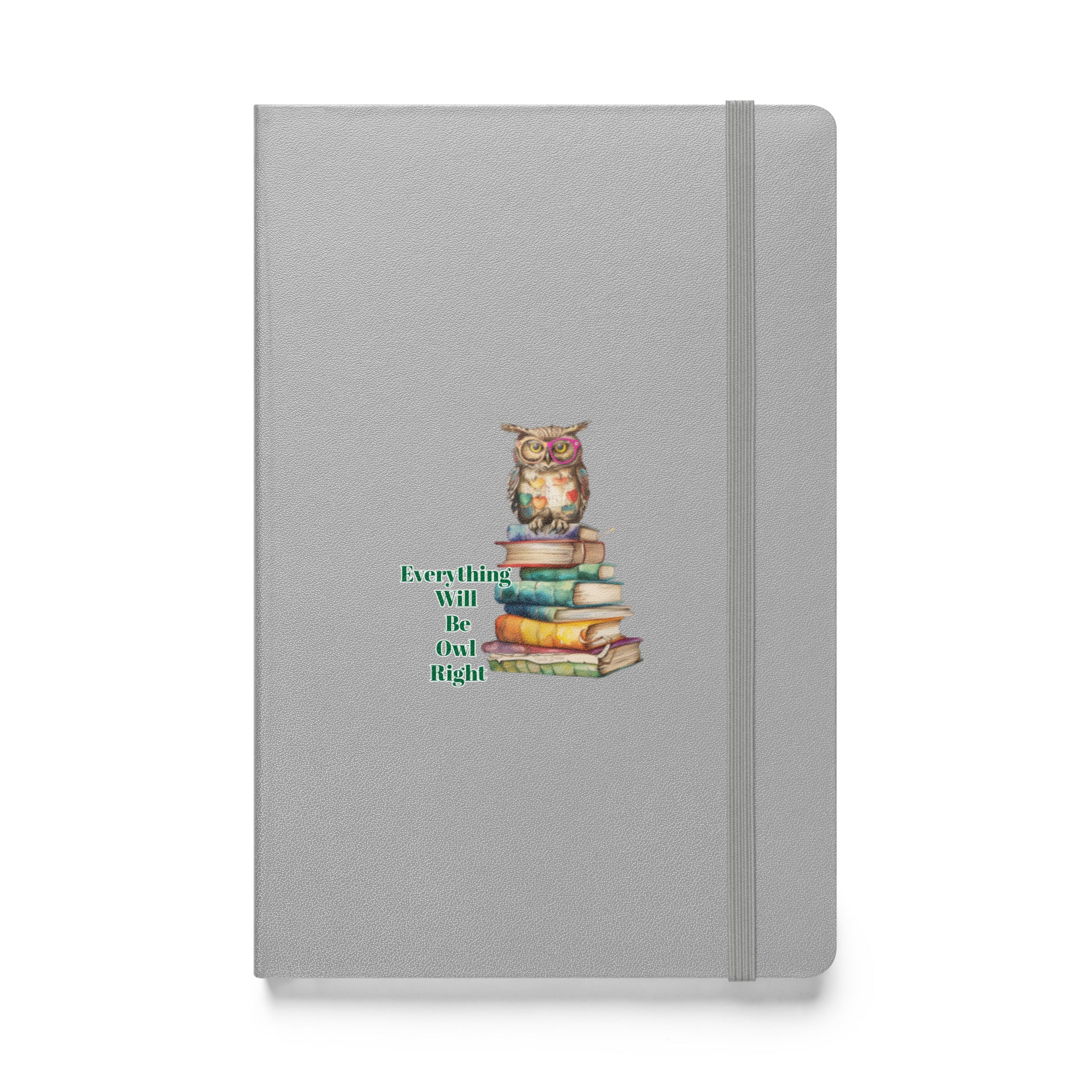 Grey hardcover notebook featuring an illustration of an owl sitting on a stack of books.