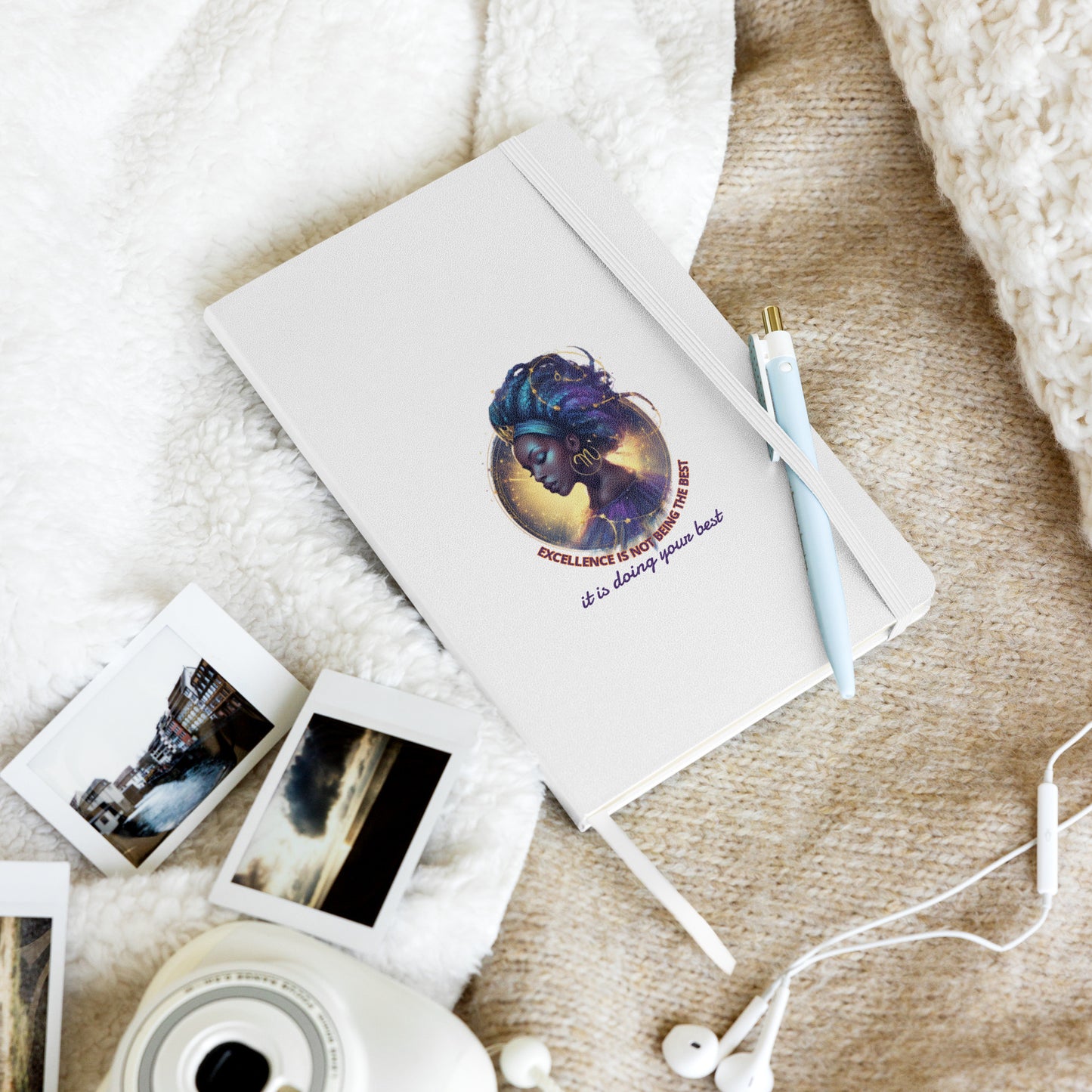White hardcover notebook featuring a vibrant, artistic female portrait with cosmic hair.
