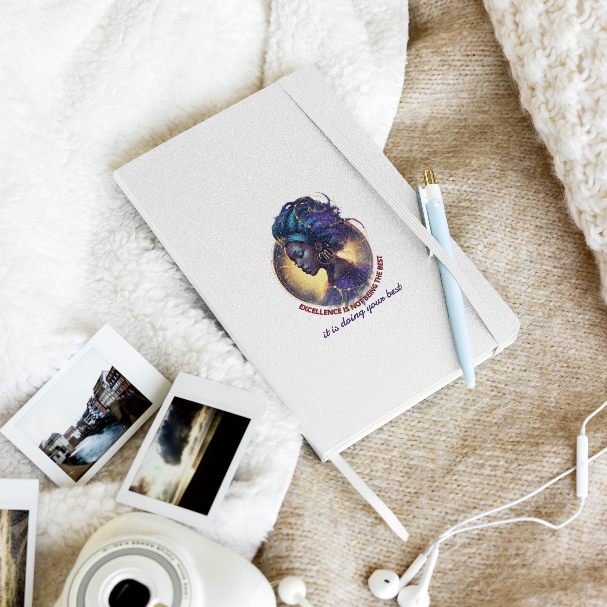 White hardcover notebook featuring a vibrant, artistic female portrait with cosmic hair.