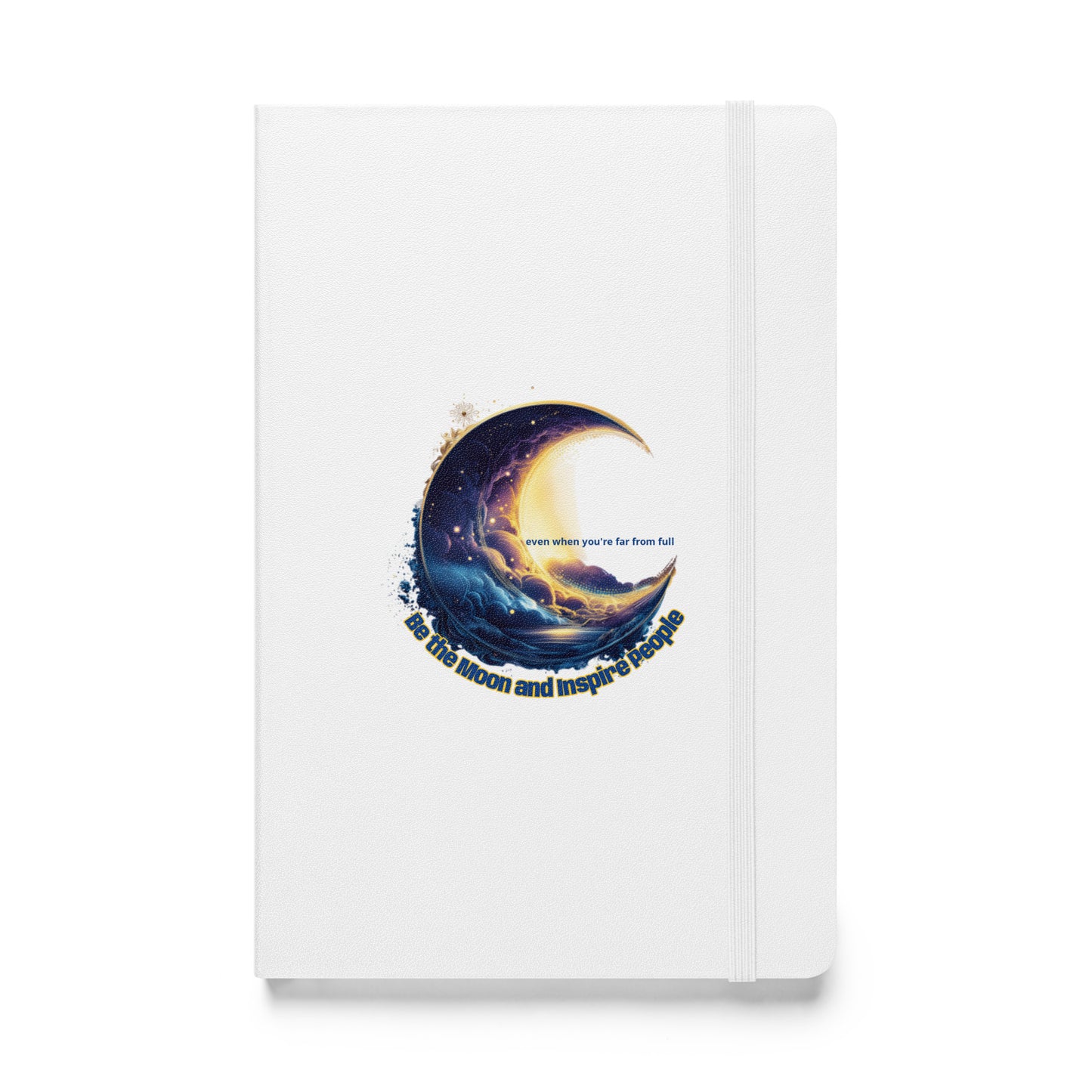 White hardcover notebook featuring a crescent moon and galaxy illustration.