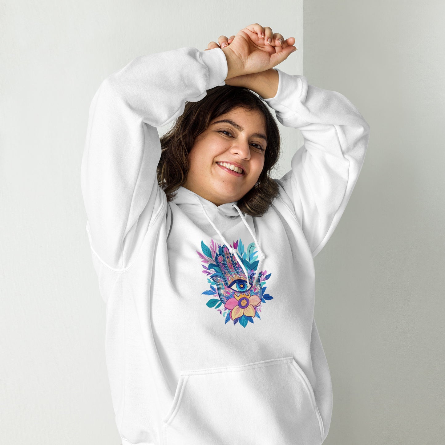 Woman wearing a white Sweet & Savage cosy hoodie with a colorful graphic, premium soft cotton blend, sustainable made-to-order apparel.