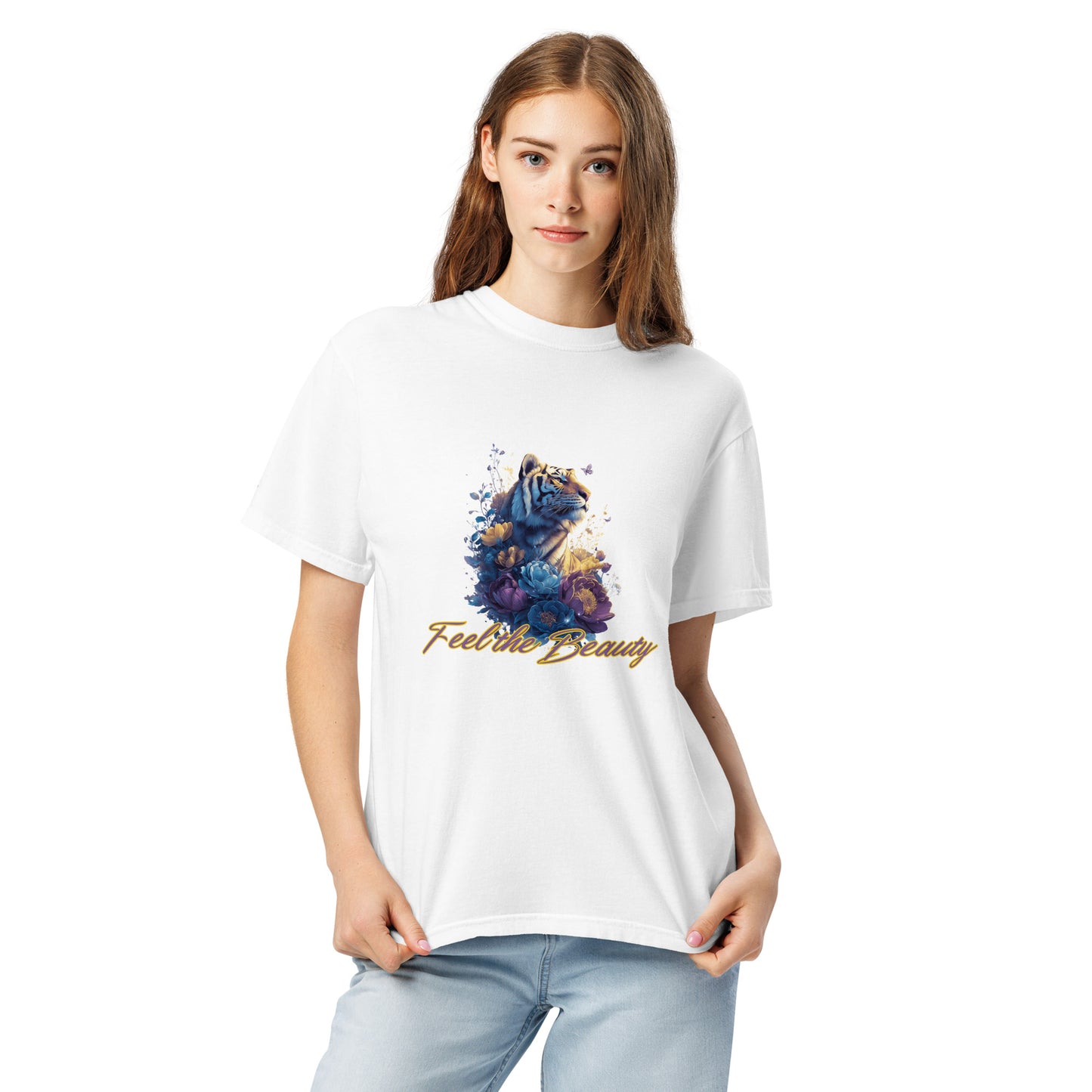Sustainable women's white graphic t-shirt with colorful floral design, made from soft ring-spun cotton by Sweet & Savage.