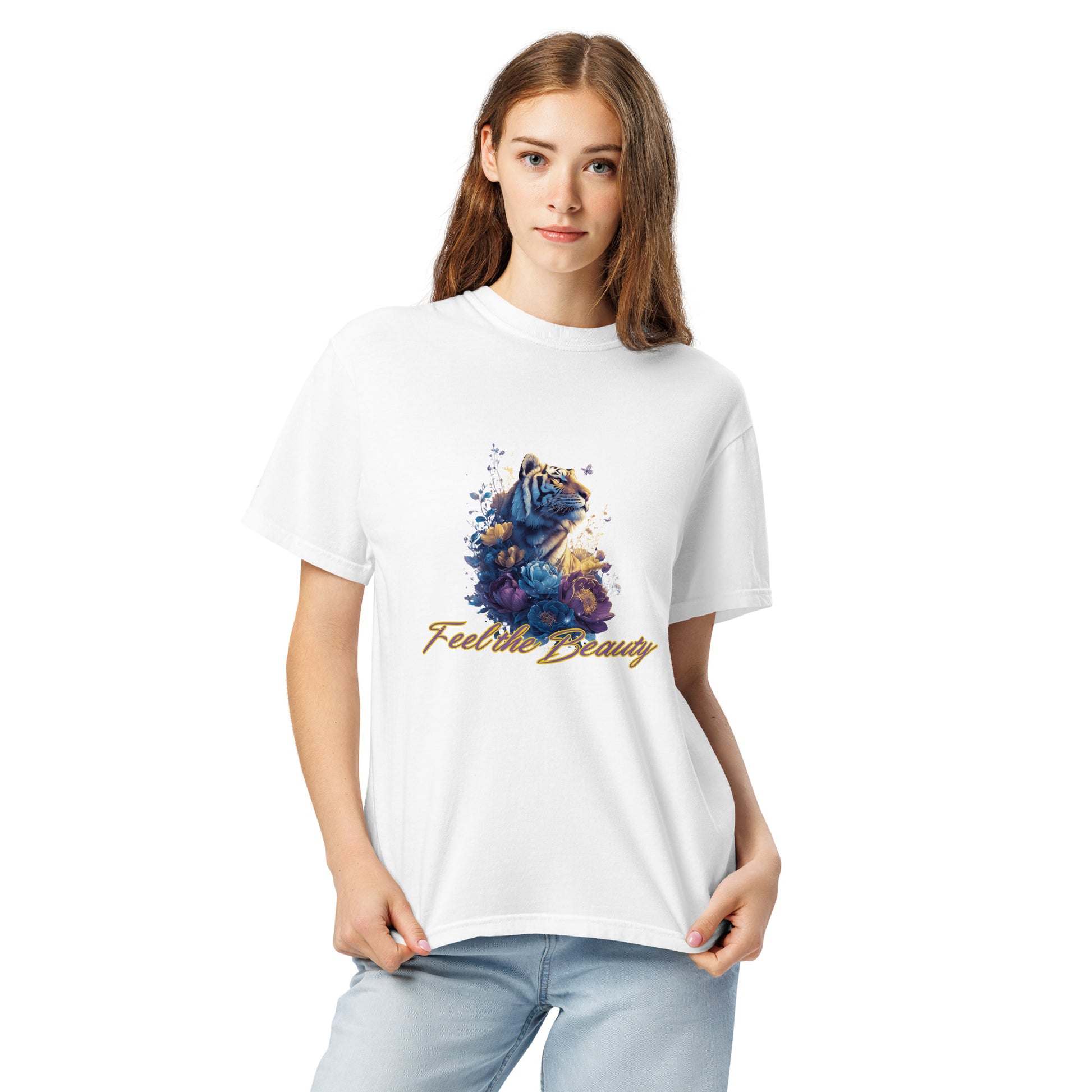 Sustainable women's white graphic t-shirt with colorful floral design, made from soft ring-spun cotton by Sweet & Savage.