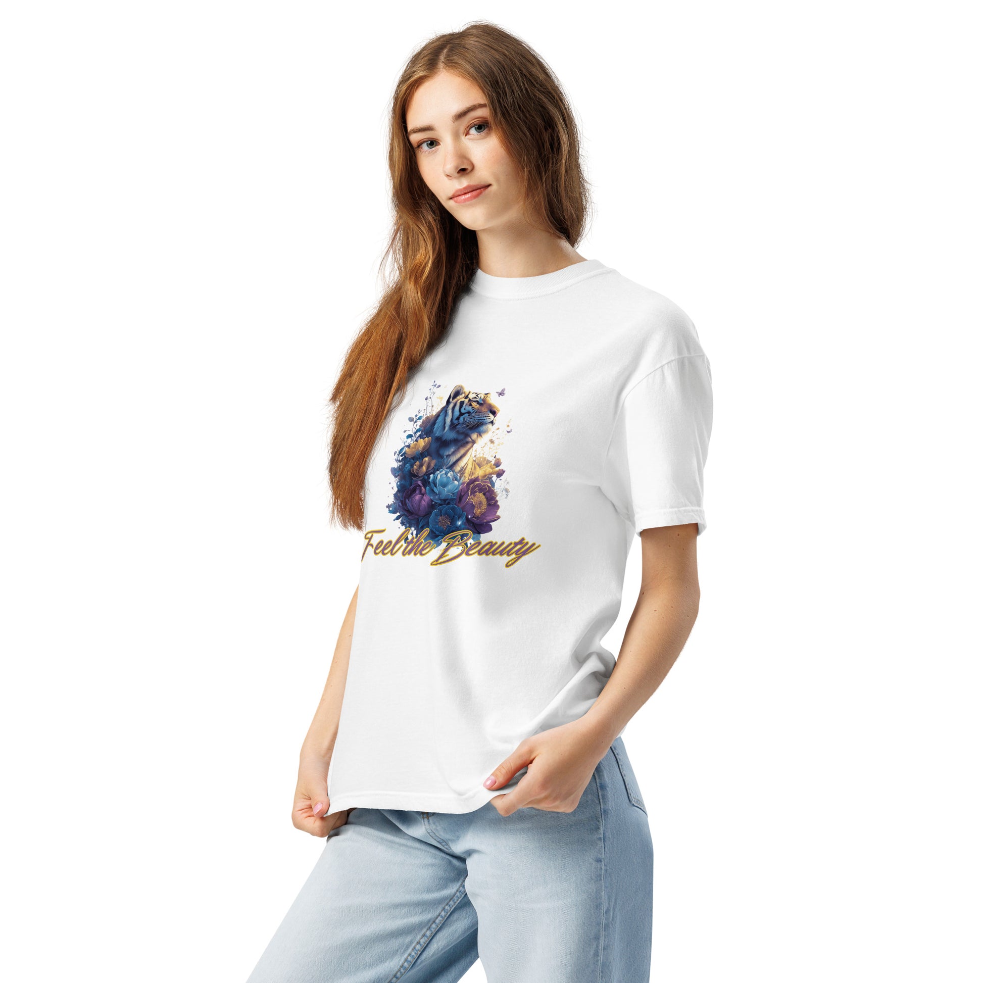 Sustainable women's white graphic t-shirt with colorful floral design, made from soft ring-spun cotton by Sweet & Savage.