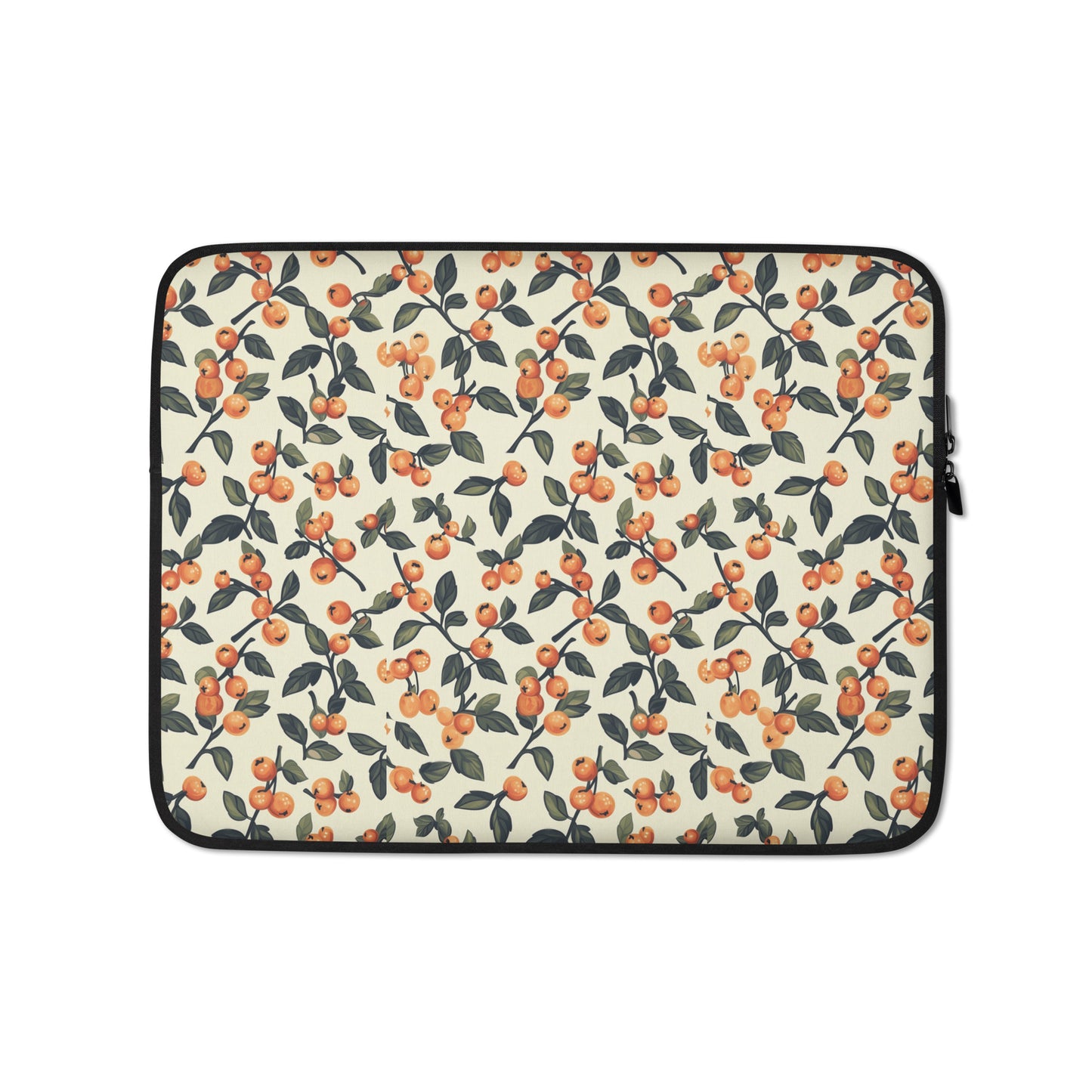 Padded laptop sleeve featuring a vibrant, artistic cherry illustration on a neutral background.