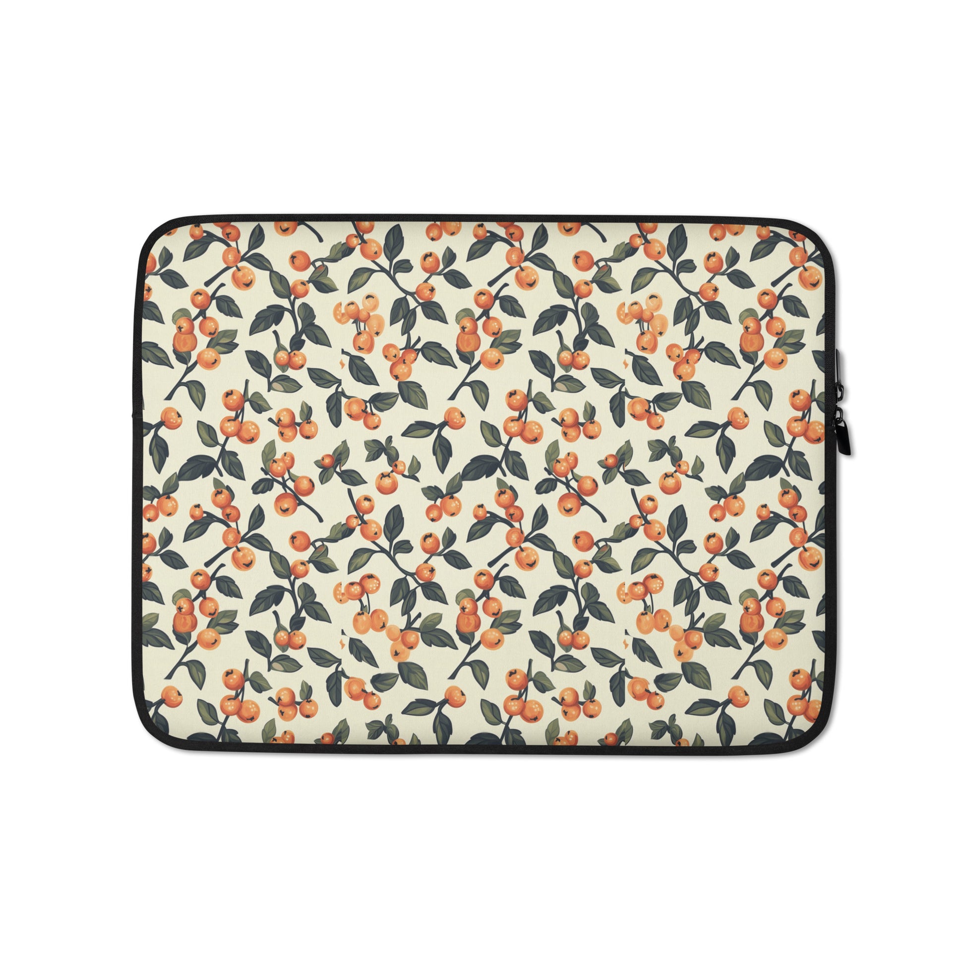 Padded laptop sleeve featuring a vibrant, artistic cherry illustration on a neutral background.