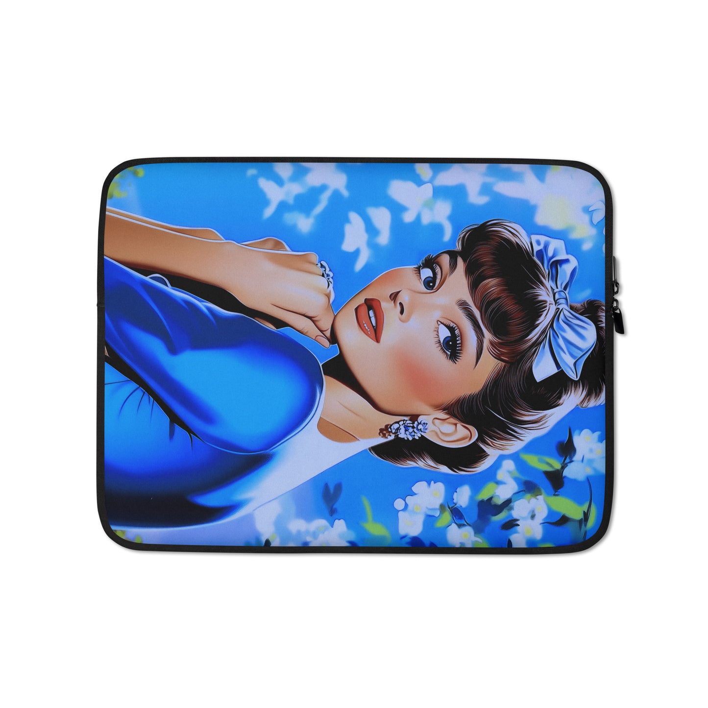 Padded laptop sleeve with a vibrant artistic portrait of a woman against a blue floral background.
