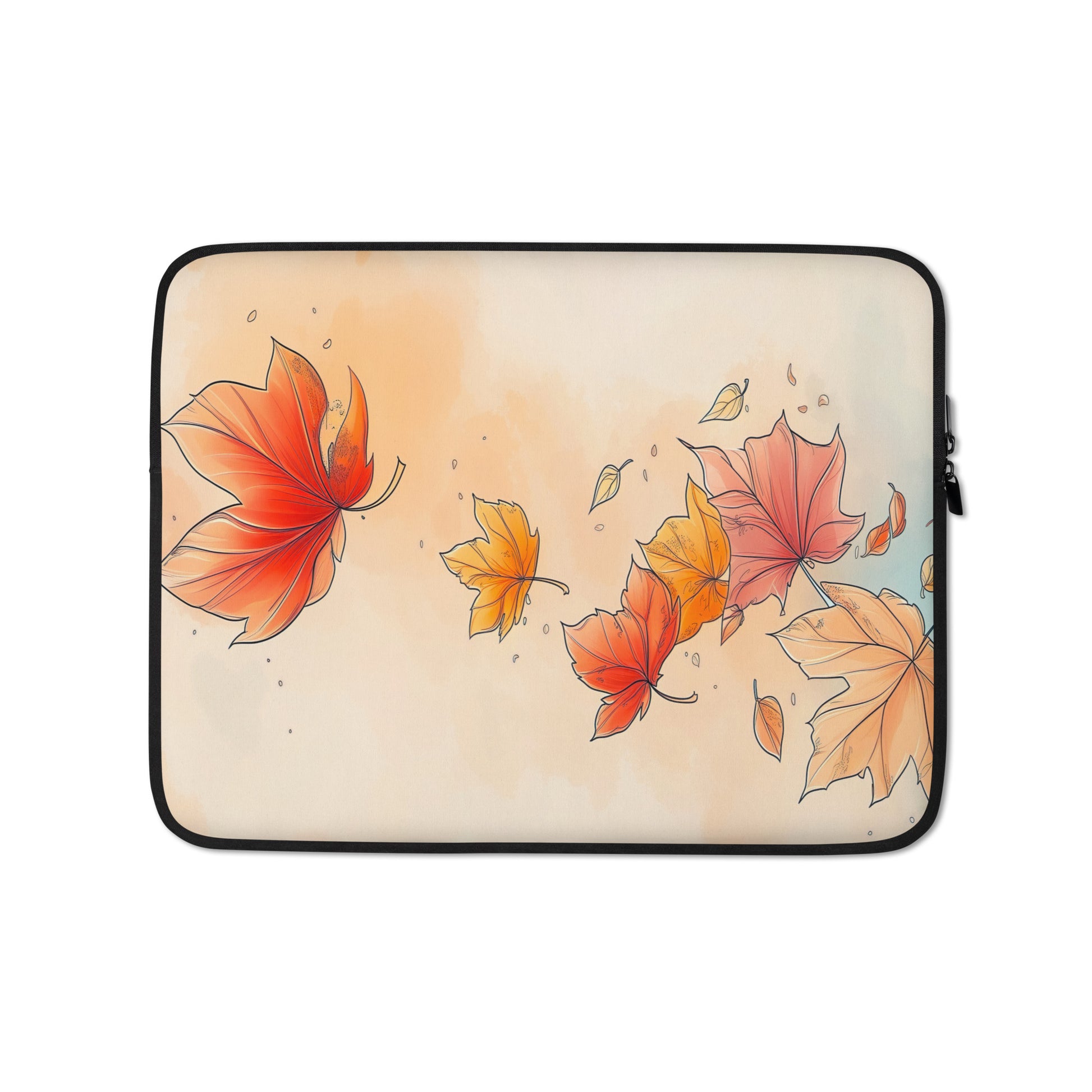 A laptop sleeve featuring an autumn watercolor design with red, orange, and yellow maple leaves by Sweet & Savage on a light beige background, finished with a black zipper border.