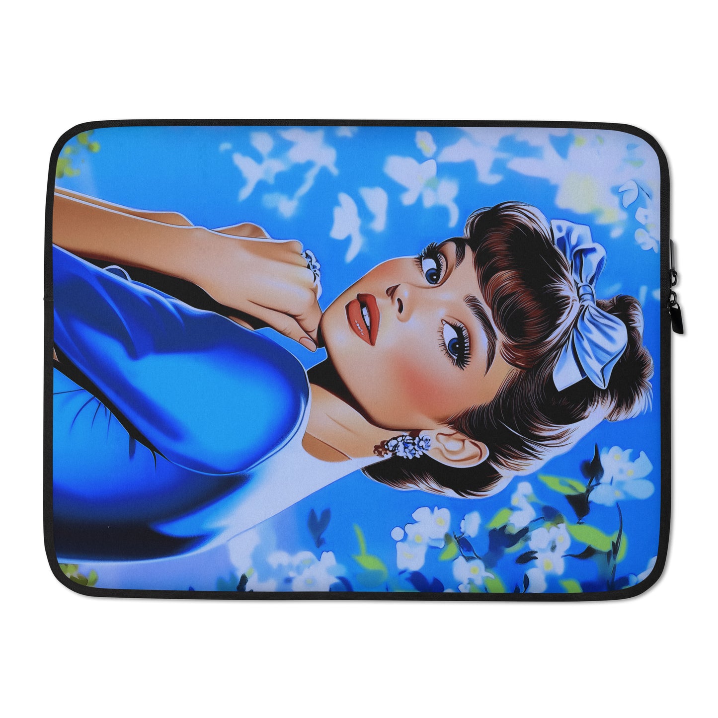 Padded laptop sleeve with a vibrant artistic portrait of a woman against a blue floral background.