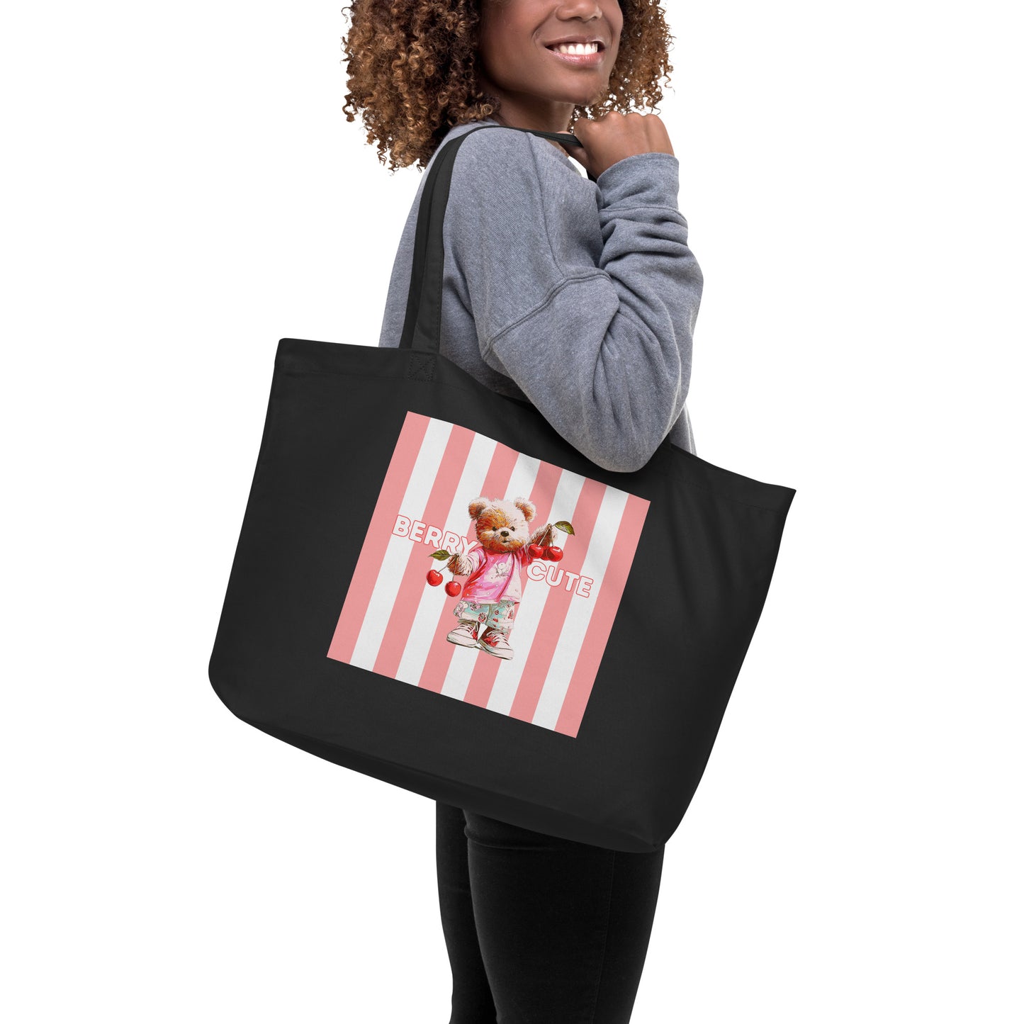 Large Organic Tote Bag from Sweet & Savage featuring a pink striped cherry bear design. 