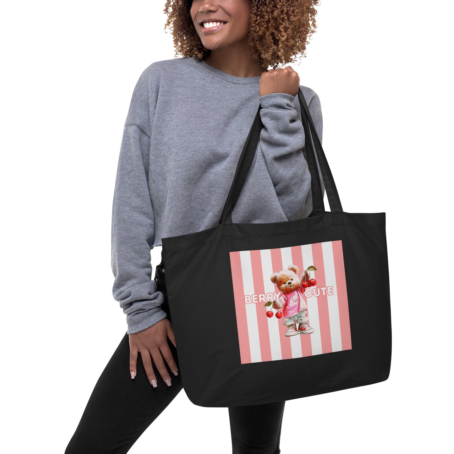 Large Organic Tote Bag from Sweet & Savage featuring a pink striped cherry bear design. 