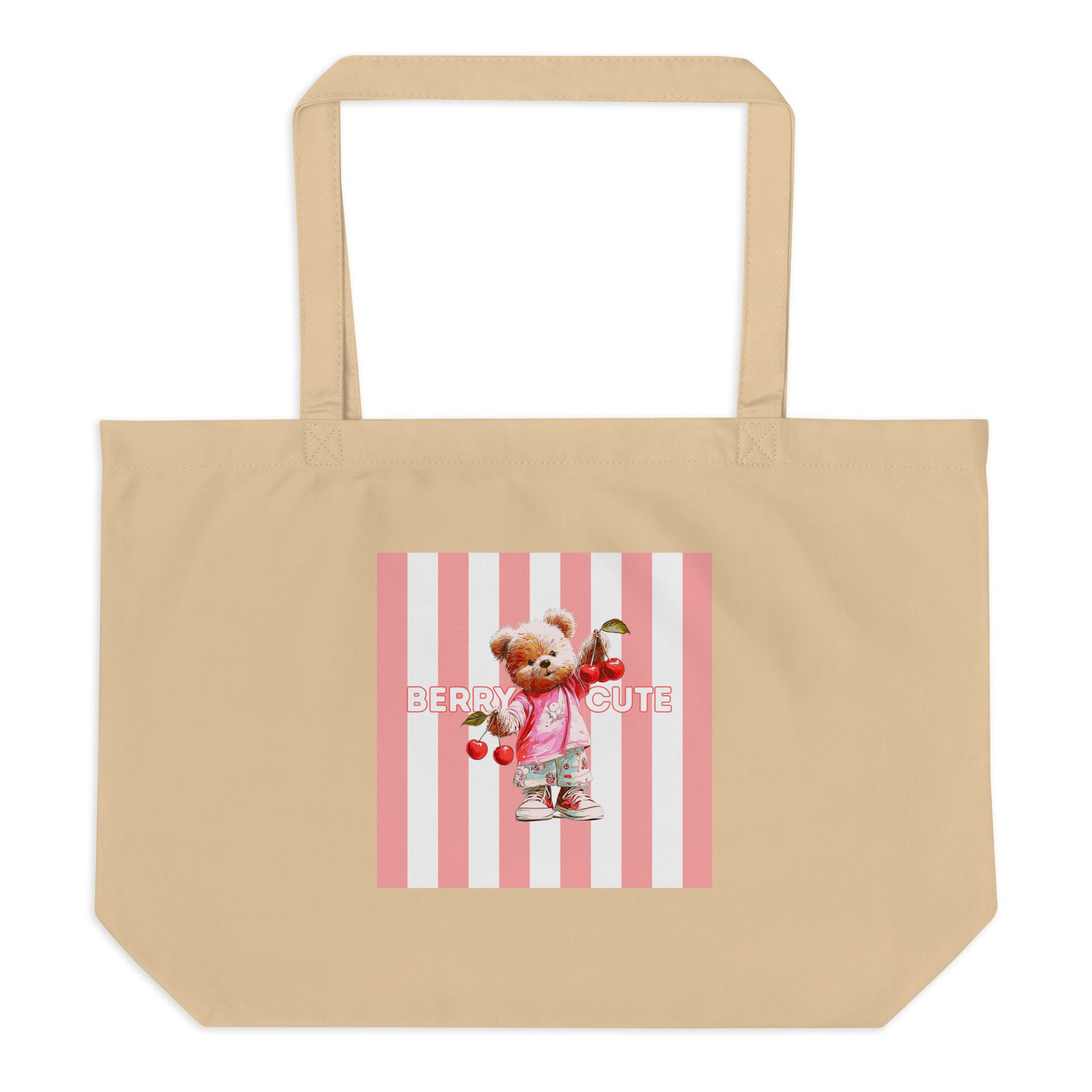 Sweet & Savage 'Berry Cute' Large Organic Tote Bag in beige. Featuring a cute teddy bear holding red cherries. 