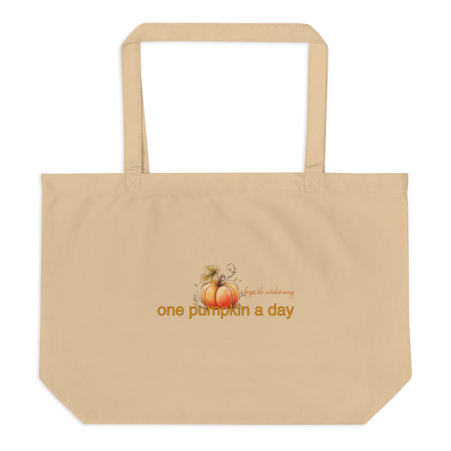 A beige canvas tote bag with two shoulder straps, featuring a small autumn graphic of pumpkins and the text 'One pumpkin a day, keeps the witches away' printed on the front, shown against a plain white background.